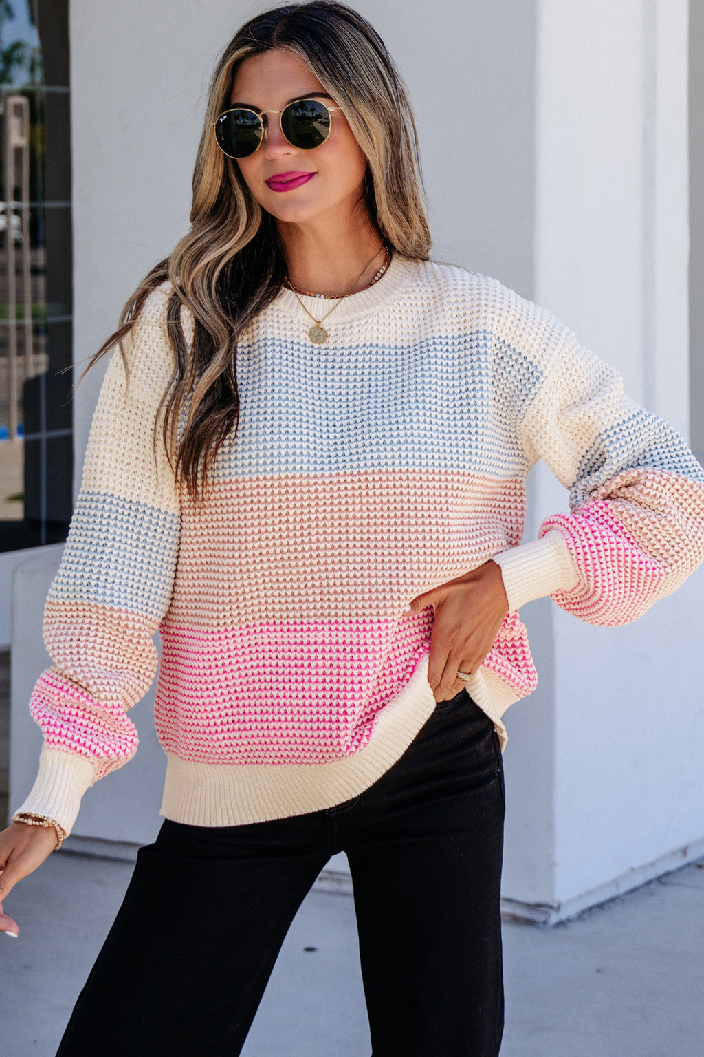 Light Blue Drop Shoulder Round Neck Long Sleeve Pullover Sweater