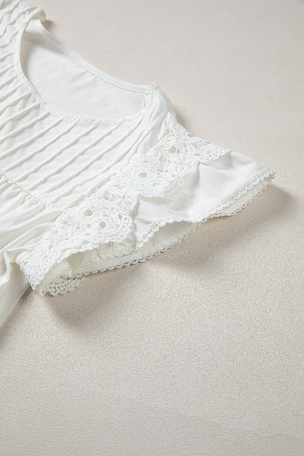 White Lace Detail Flutter Sleeve Pleated Round Neck Blouse