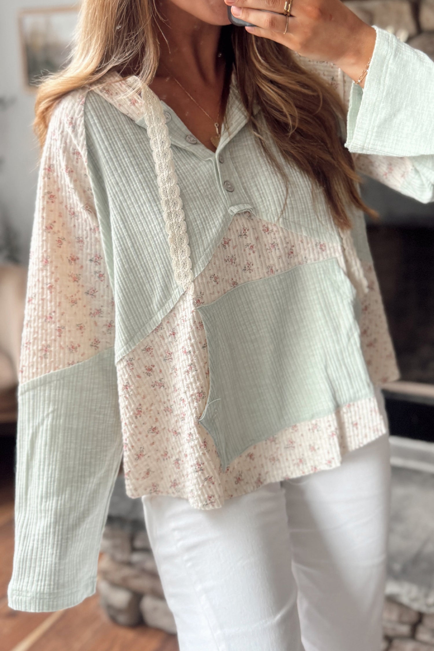 Clearly Aqua Textured Floral Patchwork Button Hooded Long Sleeve Top
