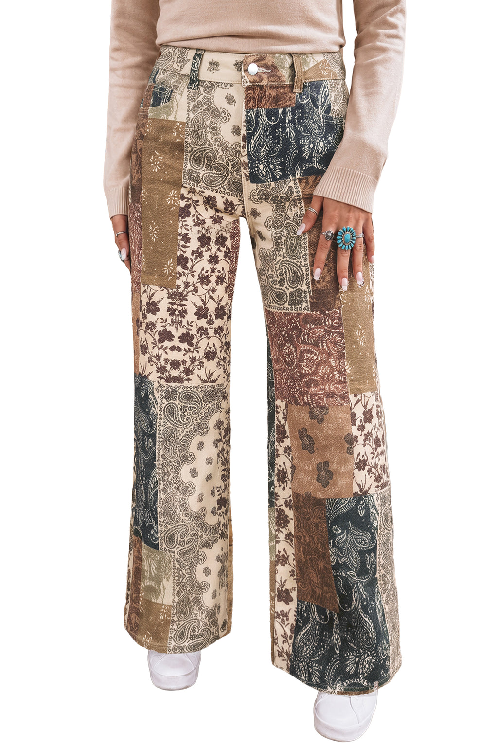 Khaki Patchwork Print Casual Shift Jeans