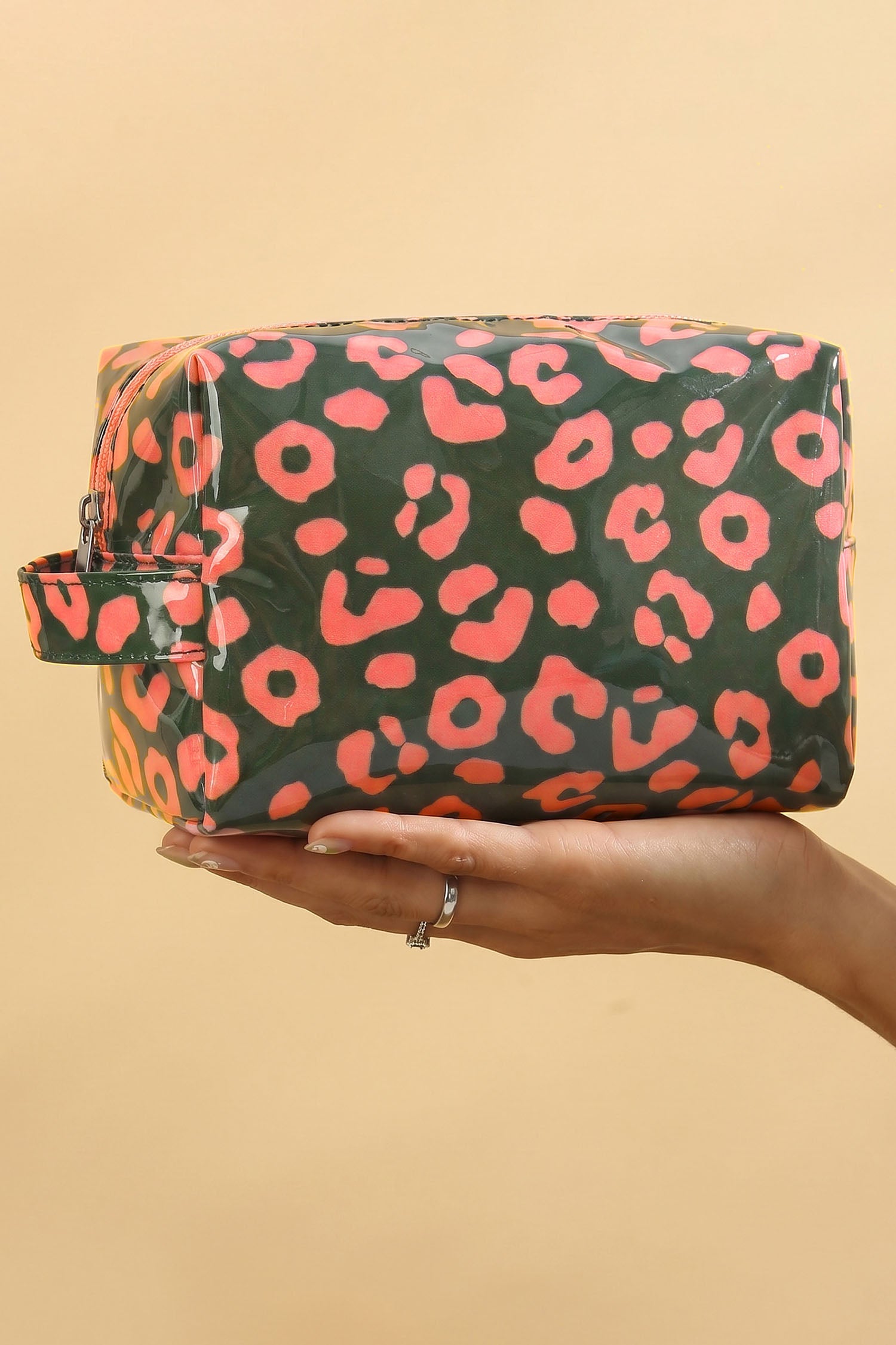 Blackish Green Leopard Print PVC Travel Makeup Organizer Cosmetic Bag