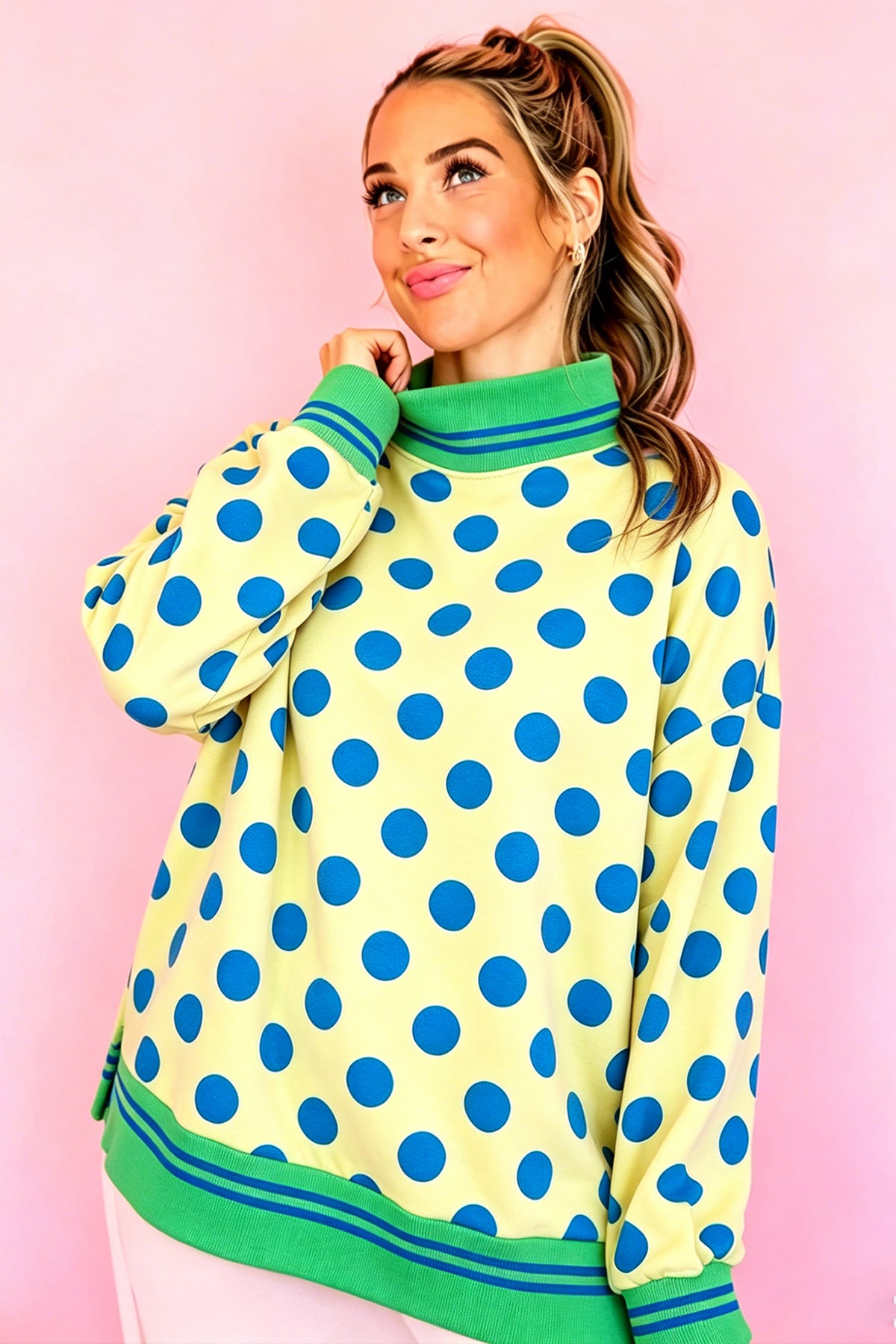 Rose Polka Dot Striped Trim Mock Neck Sweatshirt