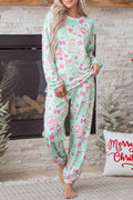 Green Abstract Print Long Sleeve Two Piece Lounge Set