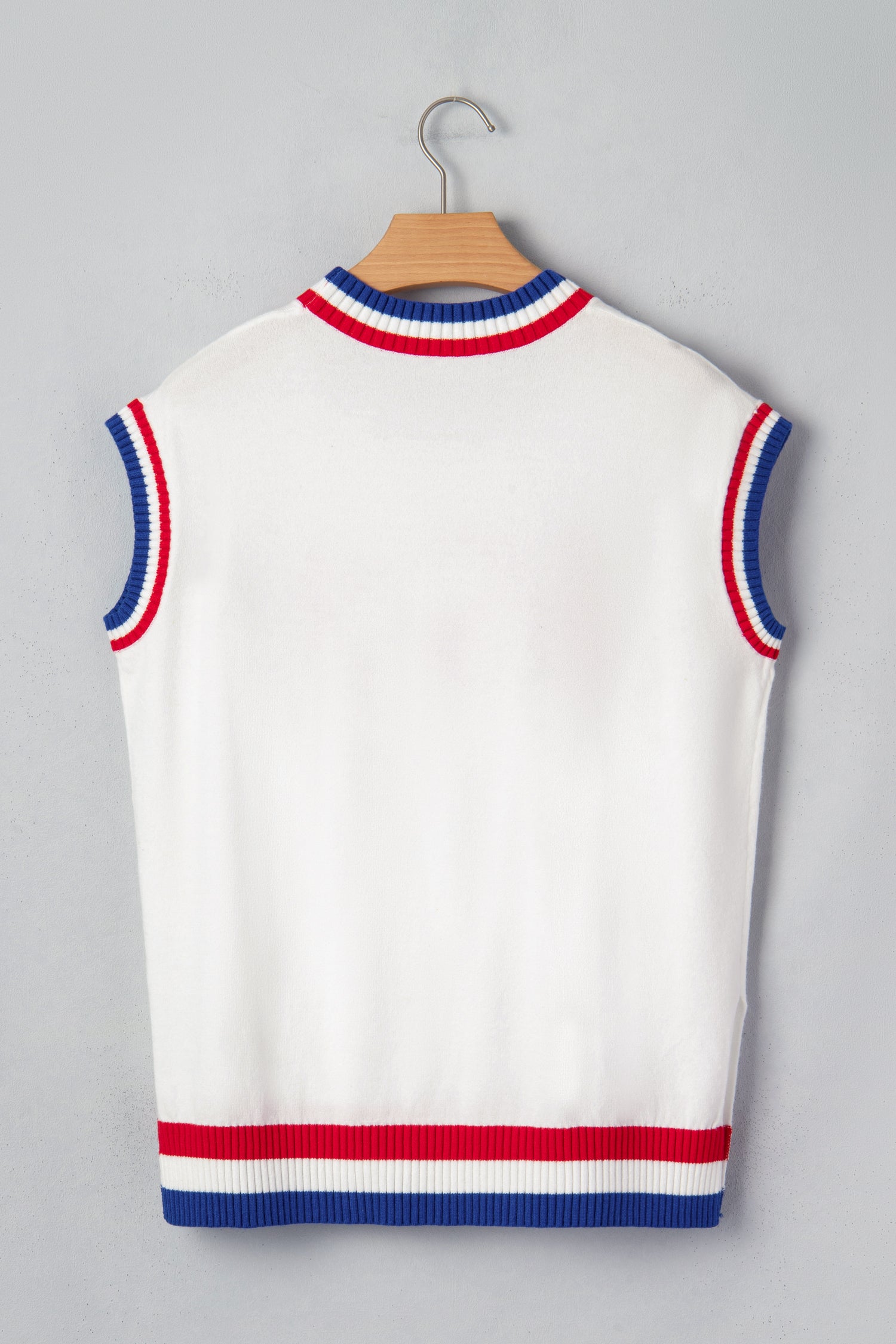 White USA Contrast Striped Trim Round Neck Short Sleeve Sweater