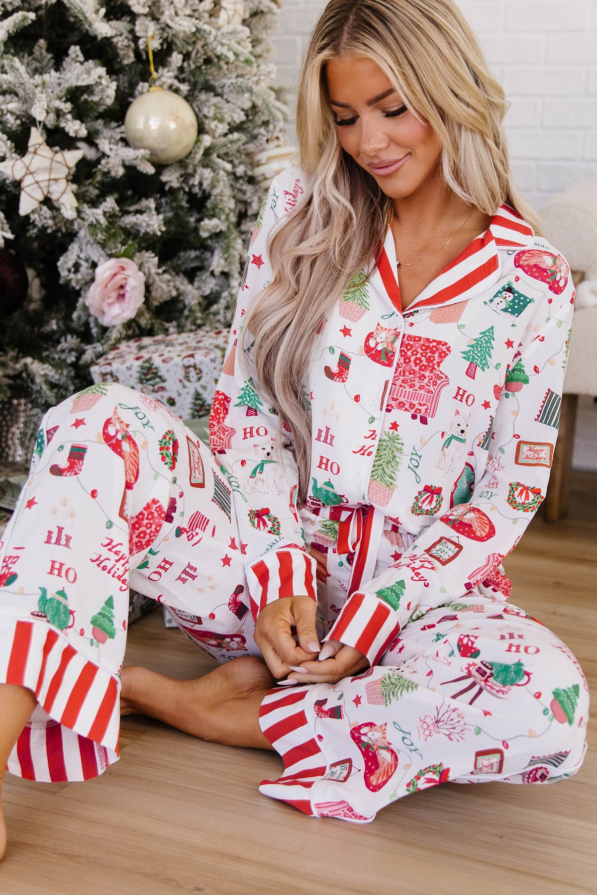 White Striped Holiday Long Sleeve Two Piece Shift Home Wear Lounge Set