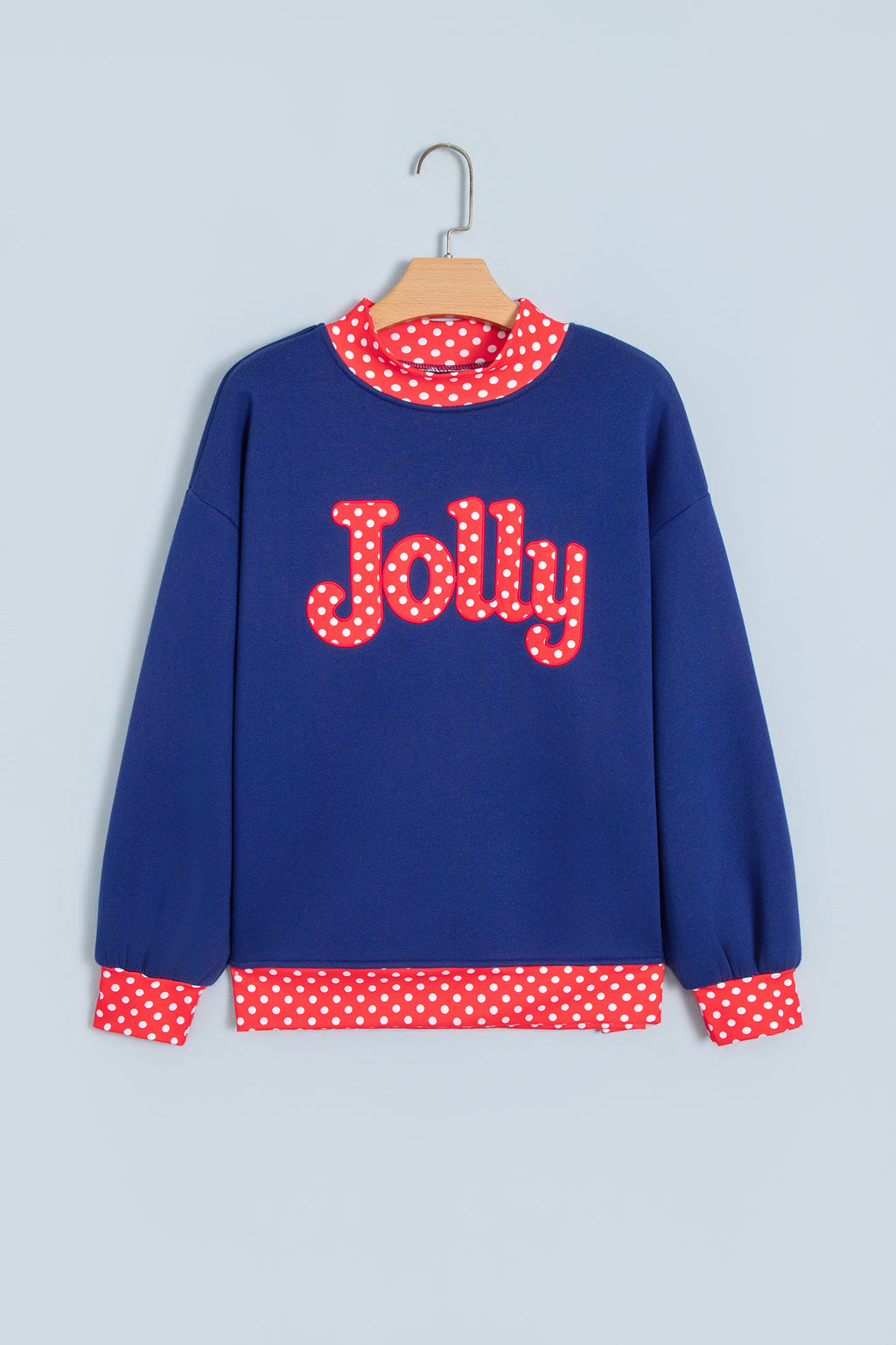Tomato Red Polka Dot Letter Print Contrast Trim Mock Neck Sweatshirt