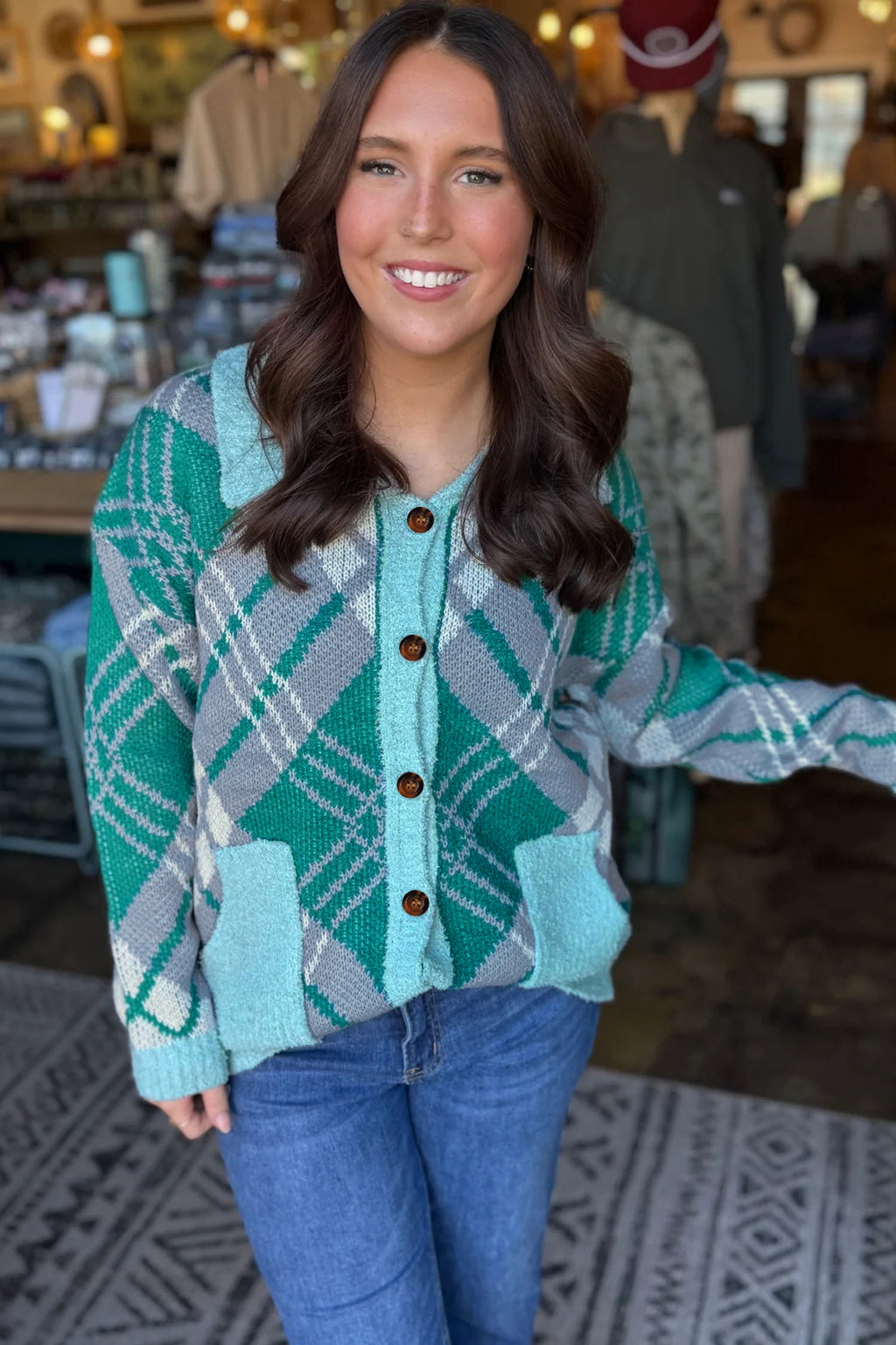 Green Plaid V Neck Long Sleeve Shift Cardigan Sweater