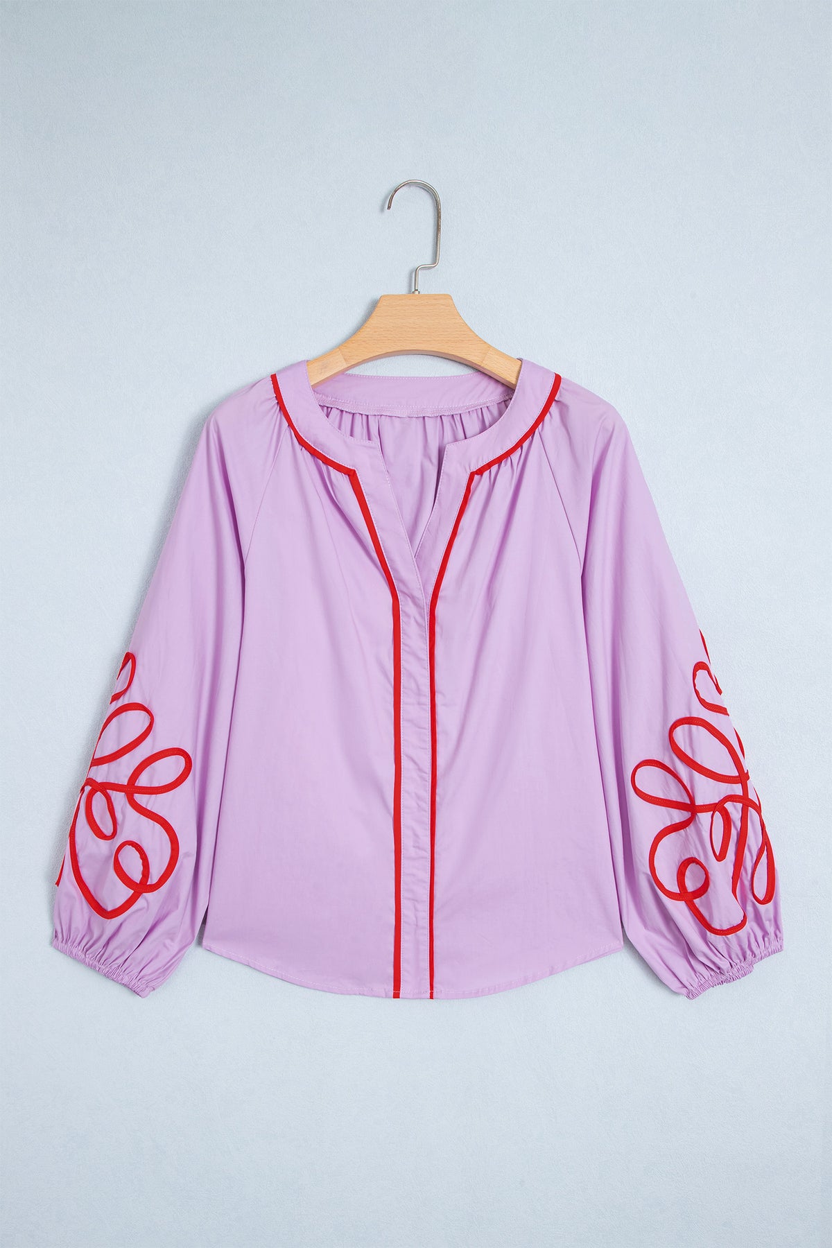 Orchid Bouquet Contrast Detail Long Sleeve Decorative Neckline Cotton Blouse
