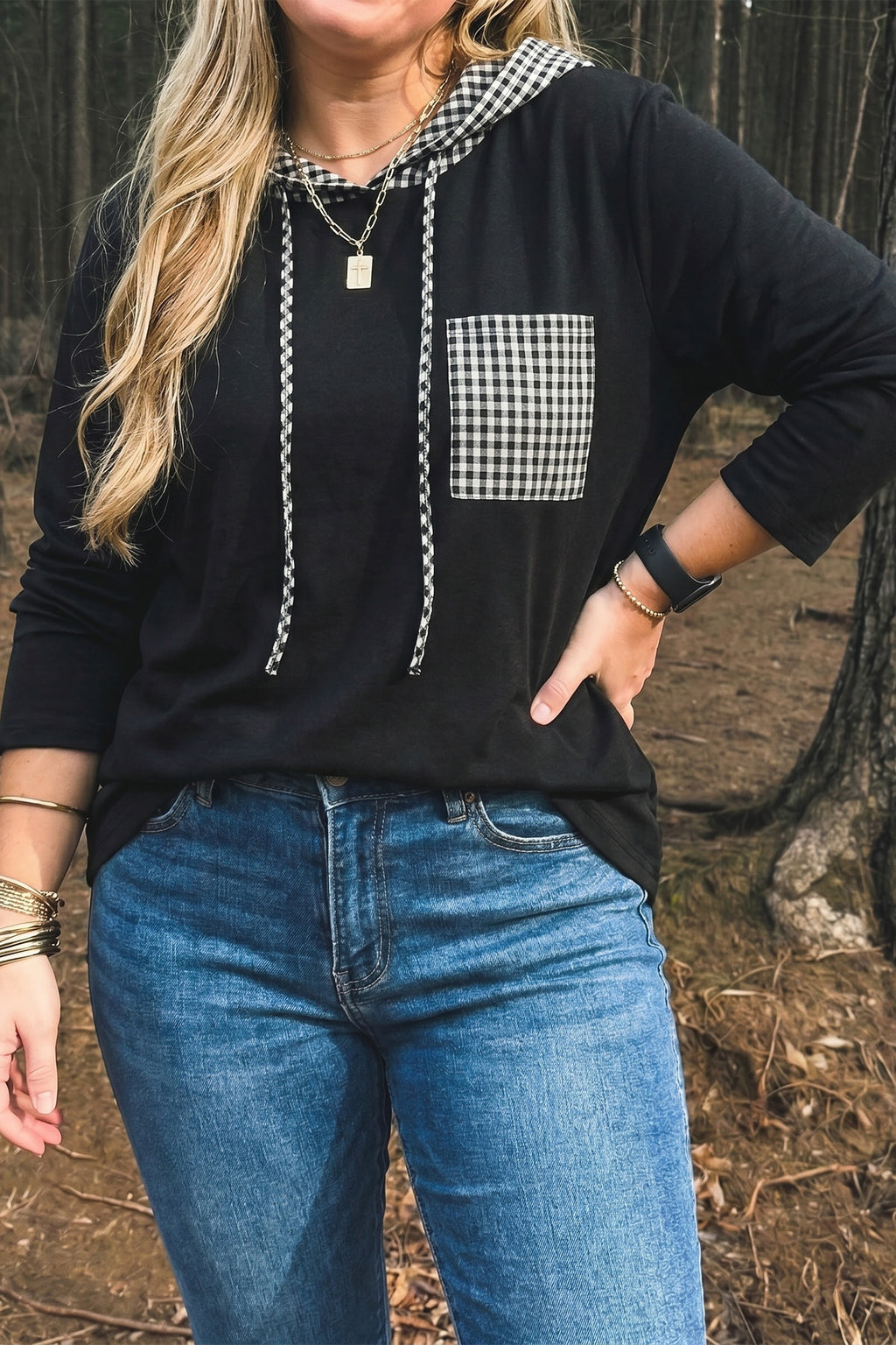 Black Hooded Gingham Paneling Chest Patch Pocket Long Sleeve Plus Size Blouse