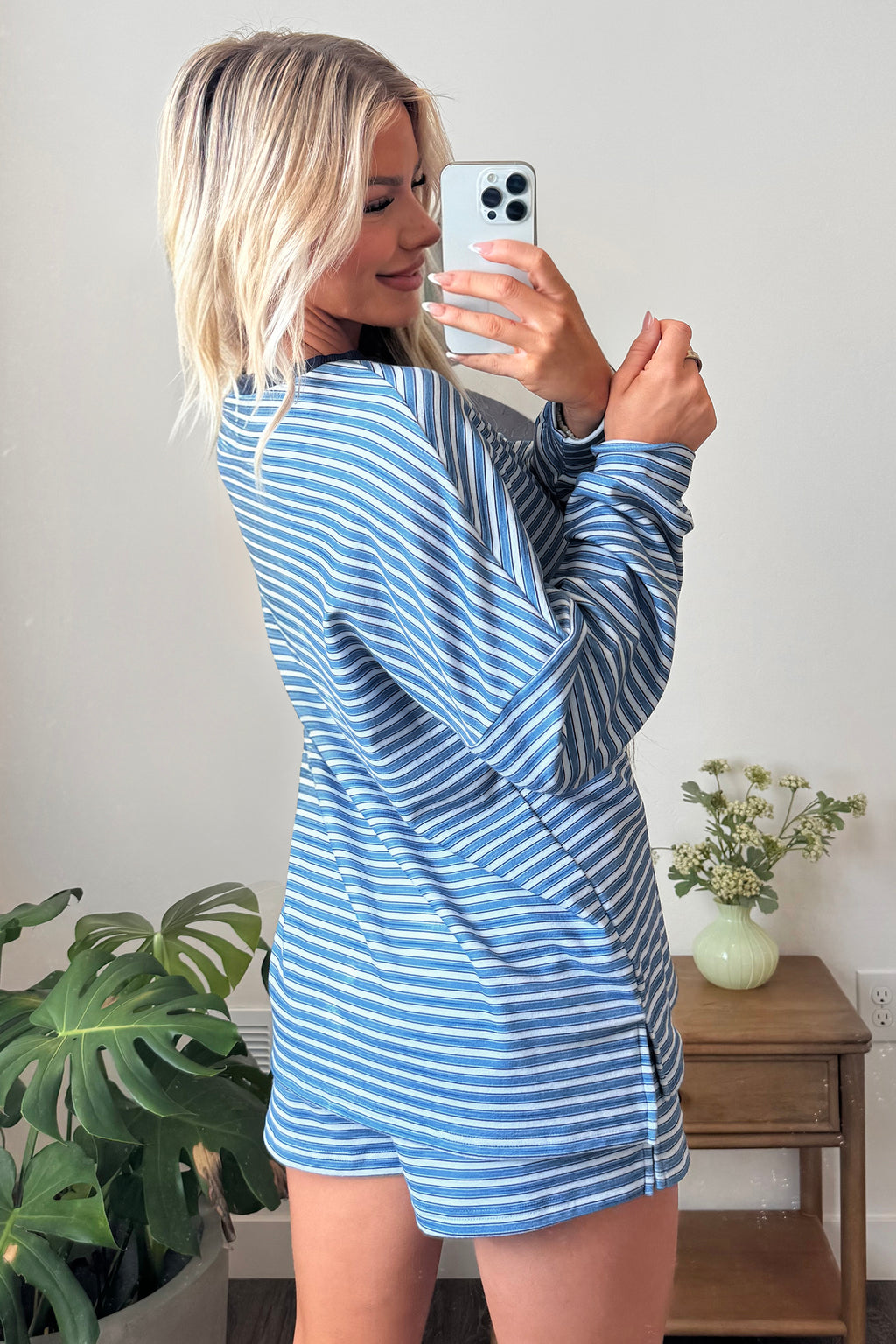 Sky Blue Stripe Long Sleeve Oversized Top Pocketed Casual Shorts Two Piece Set