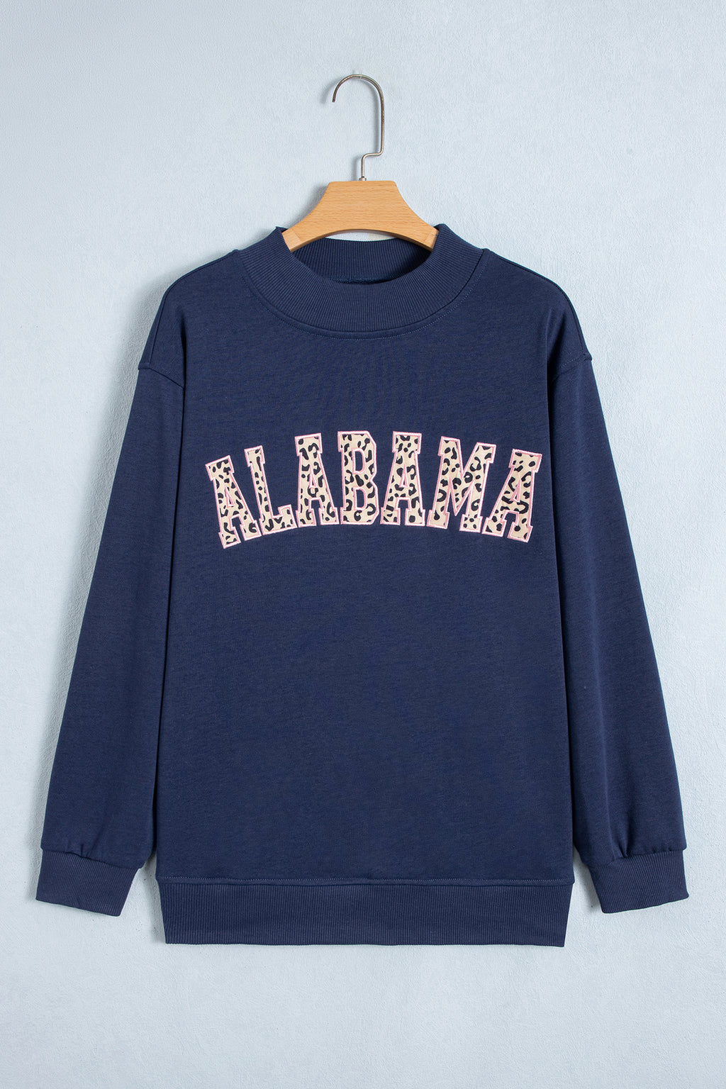 Dirty blue Embroidered Leopard Alabama High Neck Long Sleeve Tunic Sweatshirt