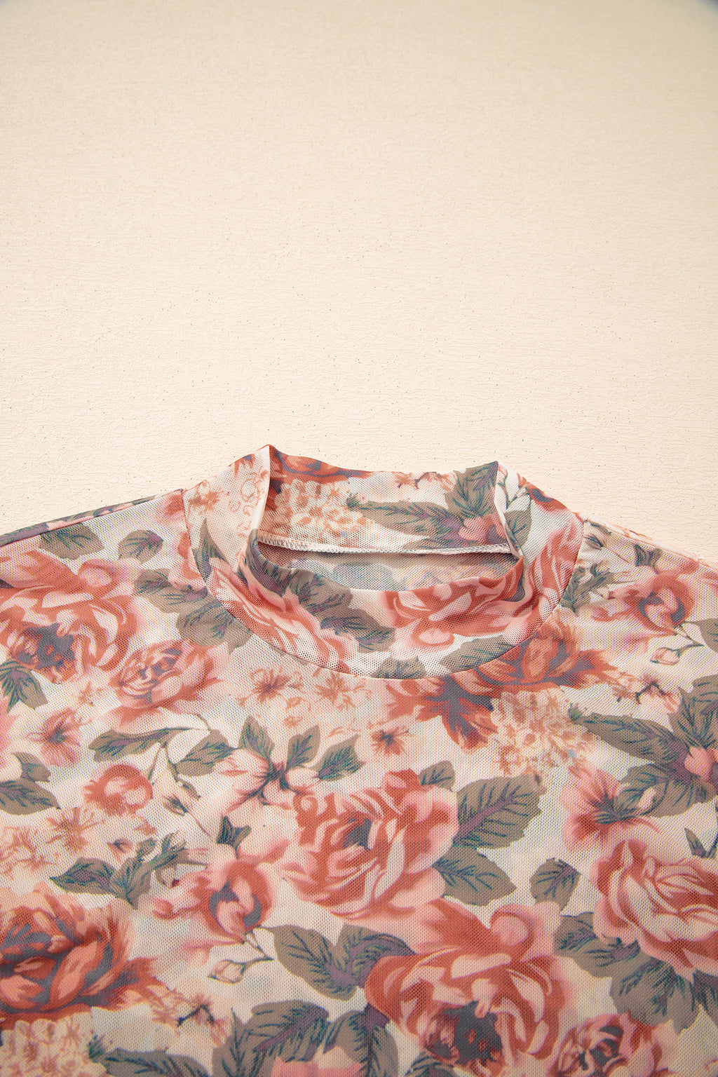 White Retro Floral Print Mock Neck Mesh Long Sleeve Top