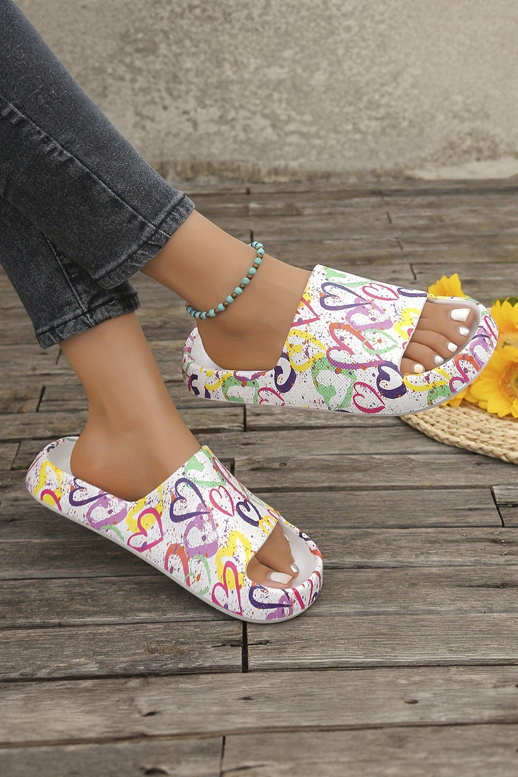 White Colorful Heart Print EVA Slippers