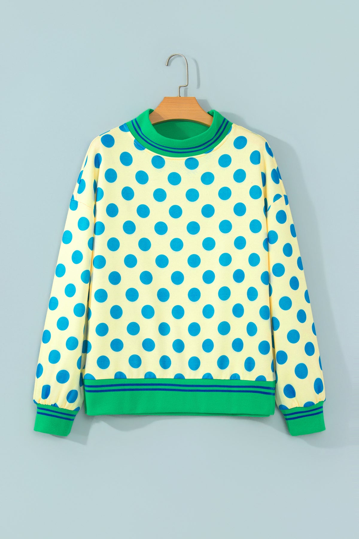 Rose Polka Dot Striped Trim Mock Neck Sweatshirt