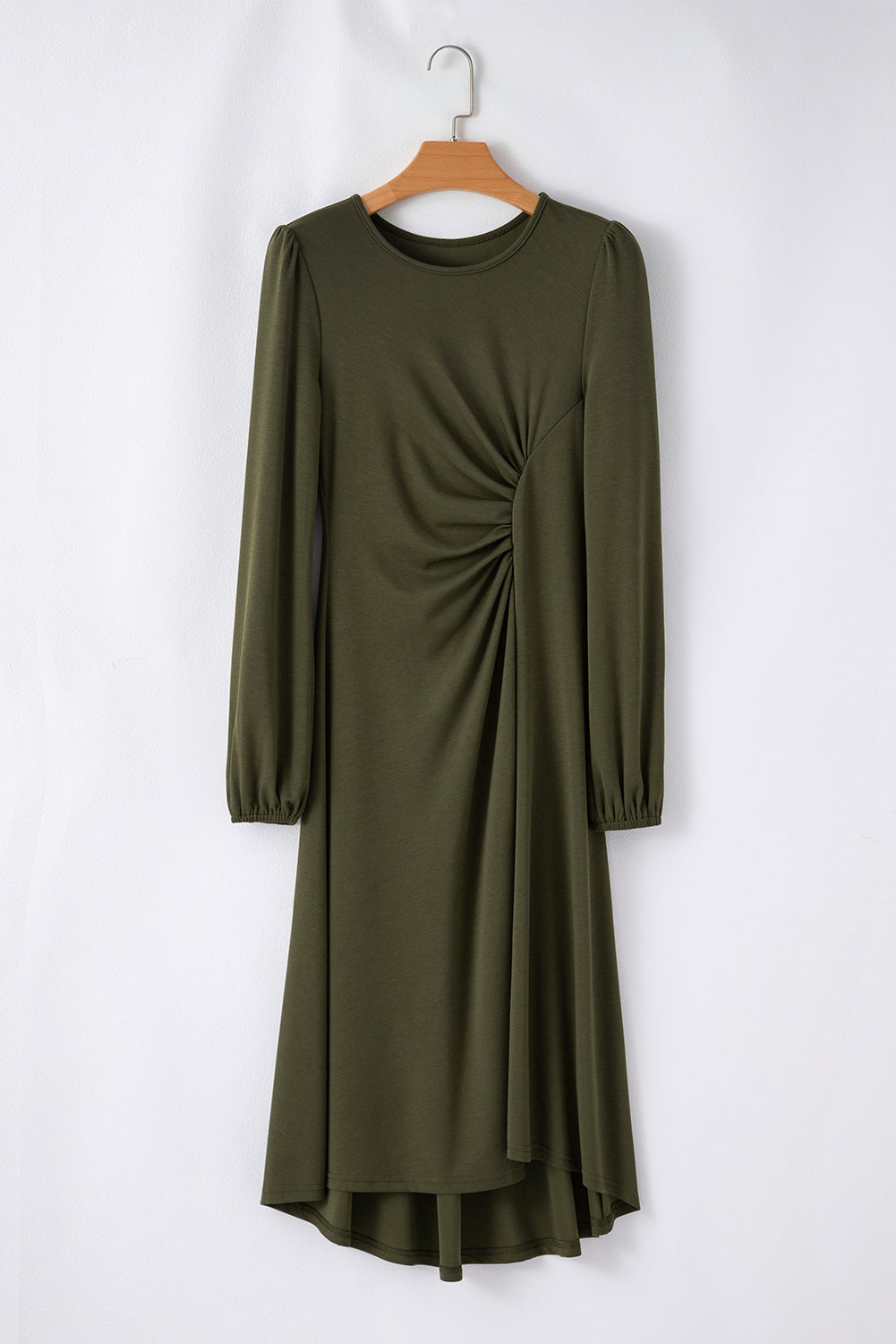 Jungle Green Solid Color Ruched Detail Long Sleeve Midi Dress