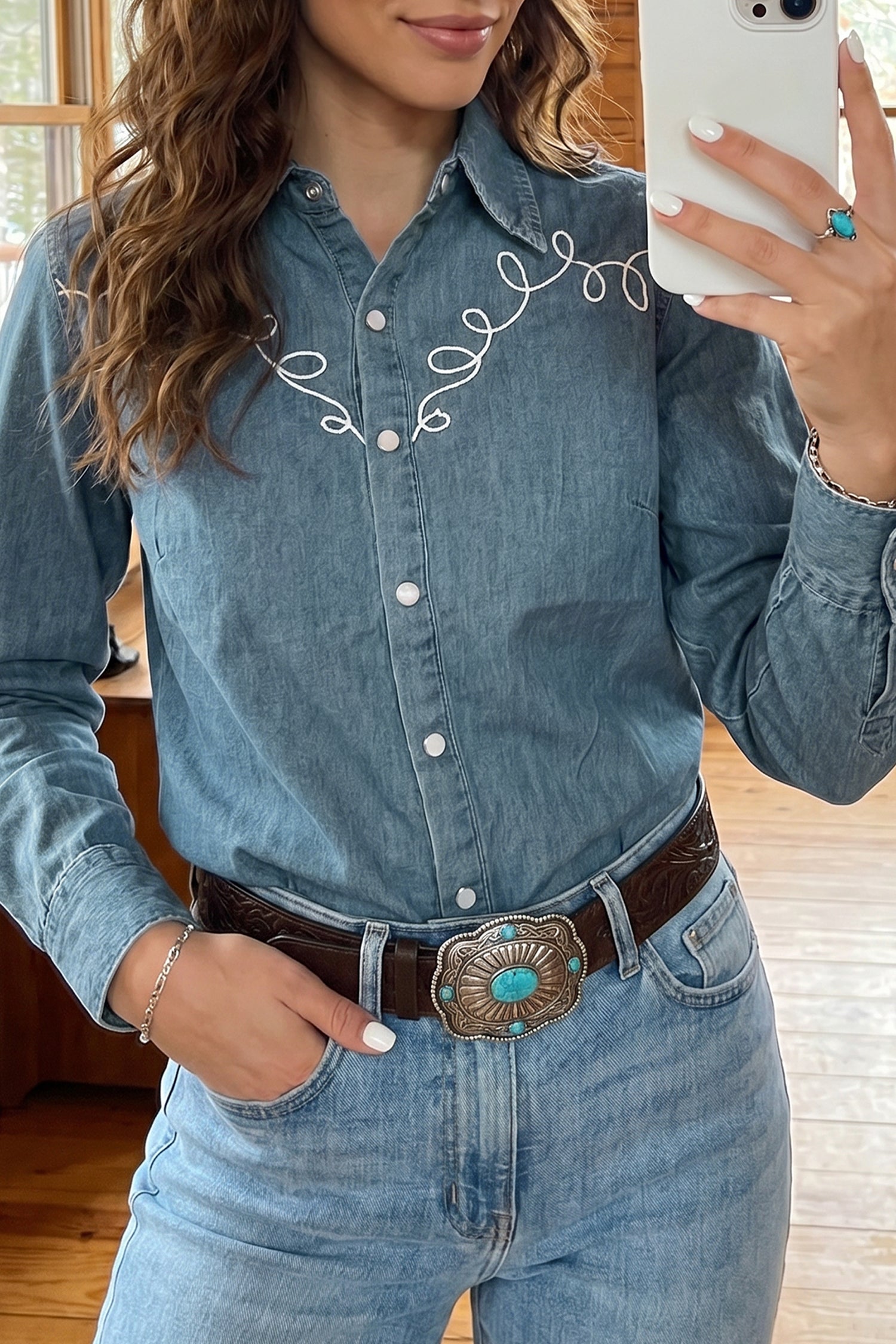 Dusk Blue Western Embroidered Collar Long Sleeve Denim Shirt