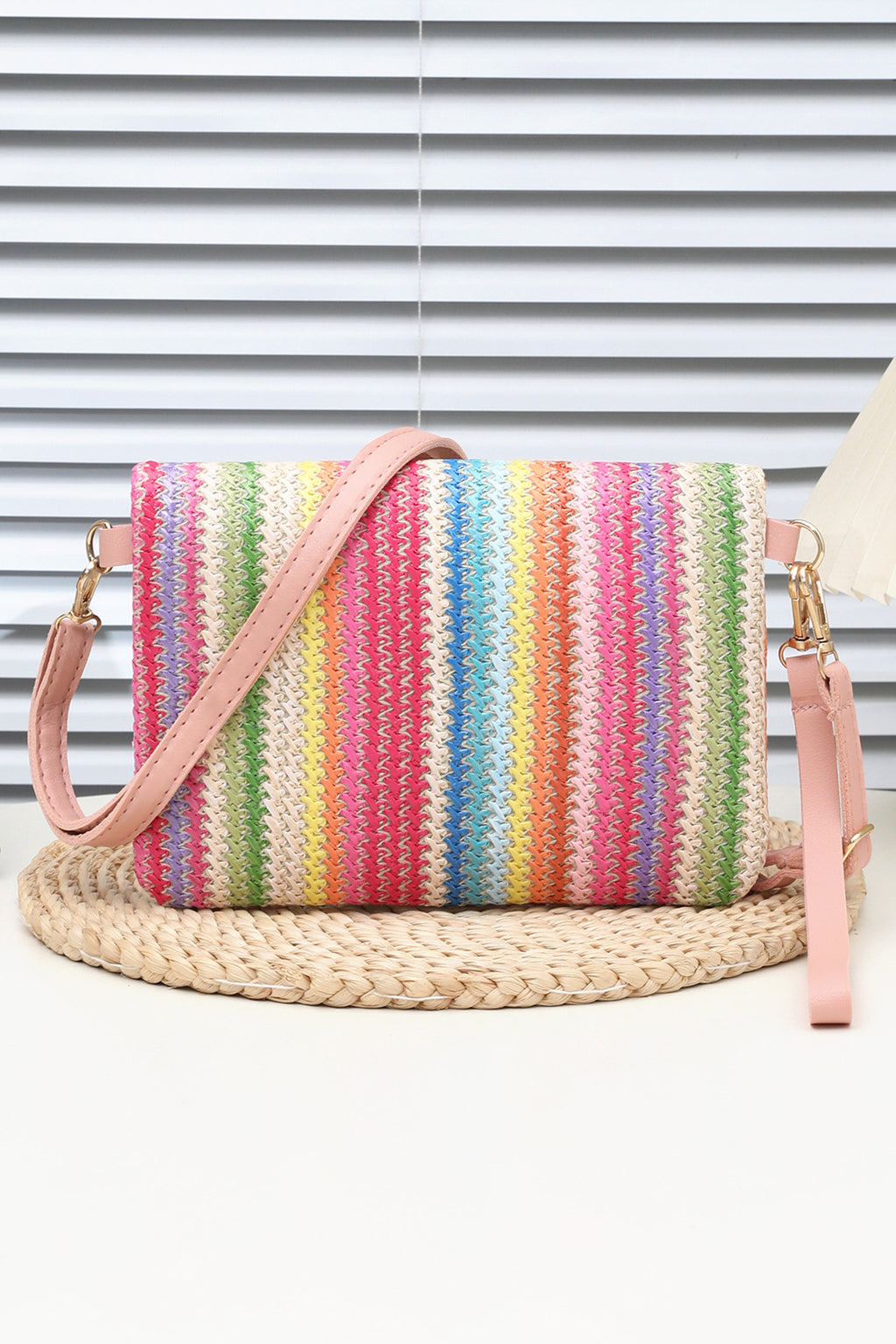 Pink Striped Straw Woven Zip Folded Magnetic Button Shoulder Bag