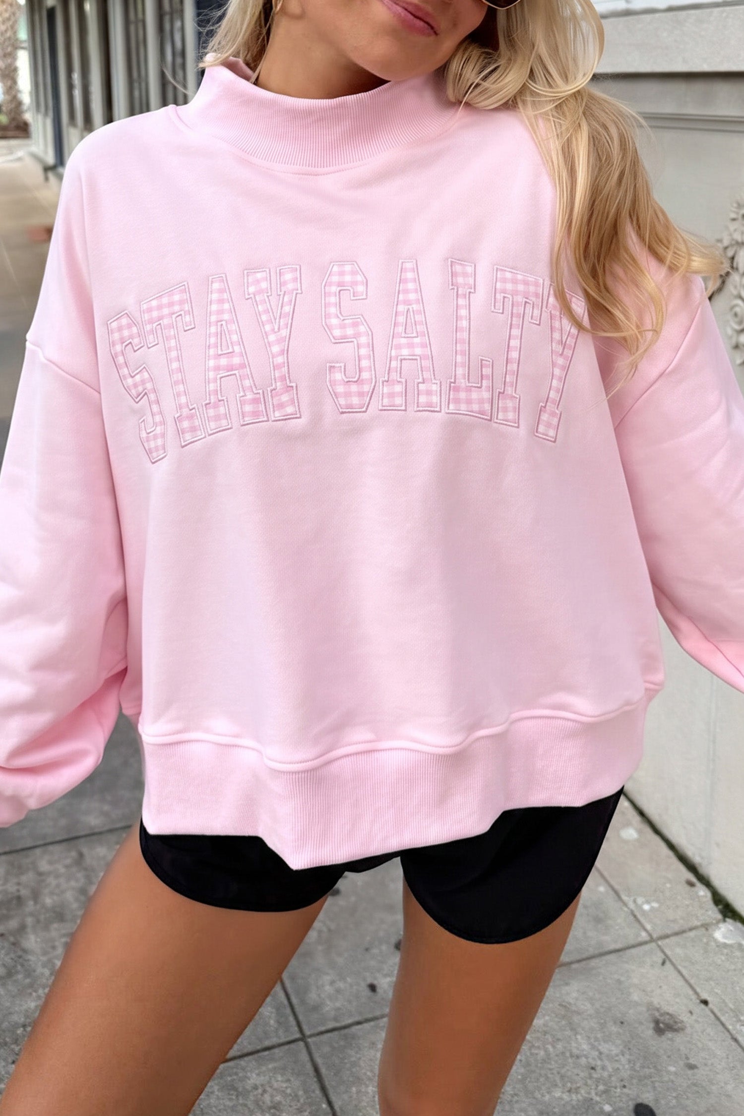 Pink Stay Salty Embroidered Long Sleeve Stand Neck Shift Pullover Sweatshirt
