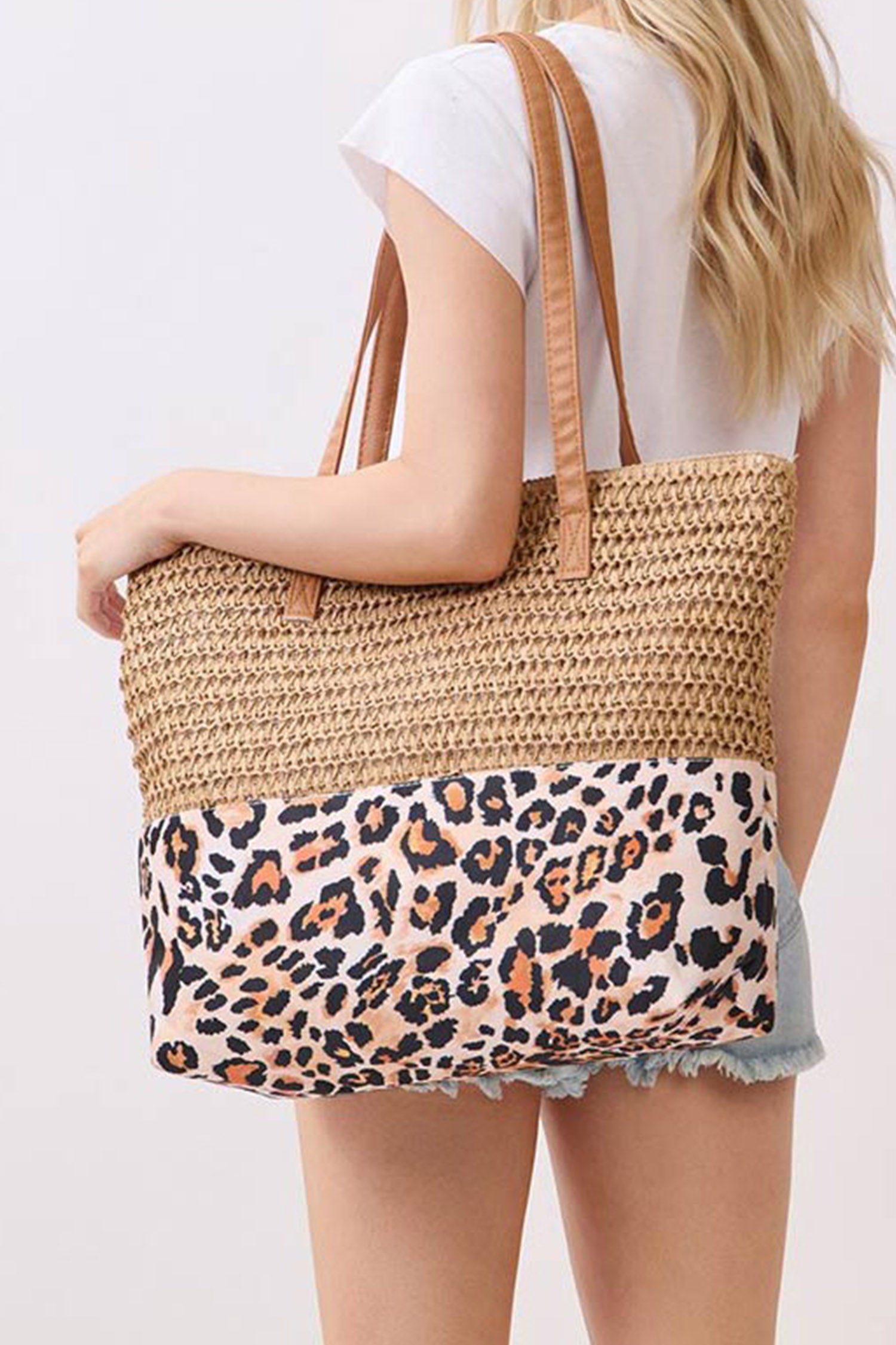 Thai Curry Straw Woven Leopard Patchwork Large Tote Bag