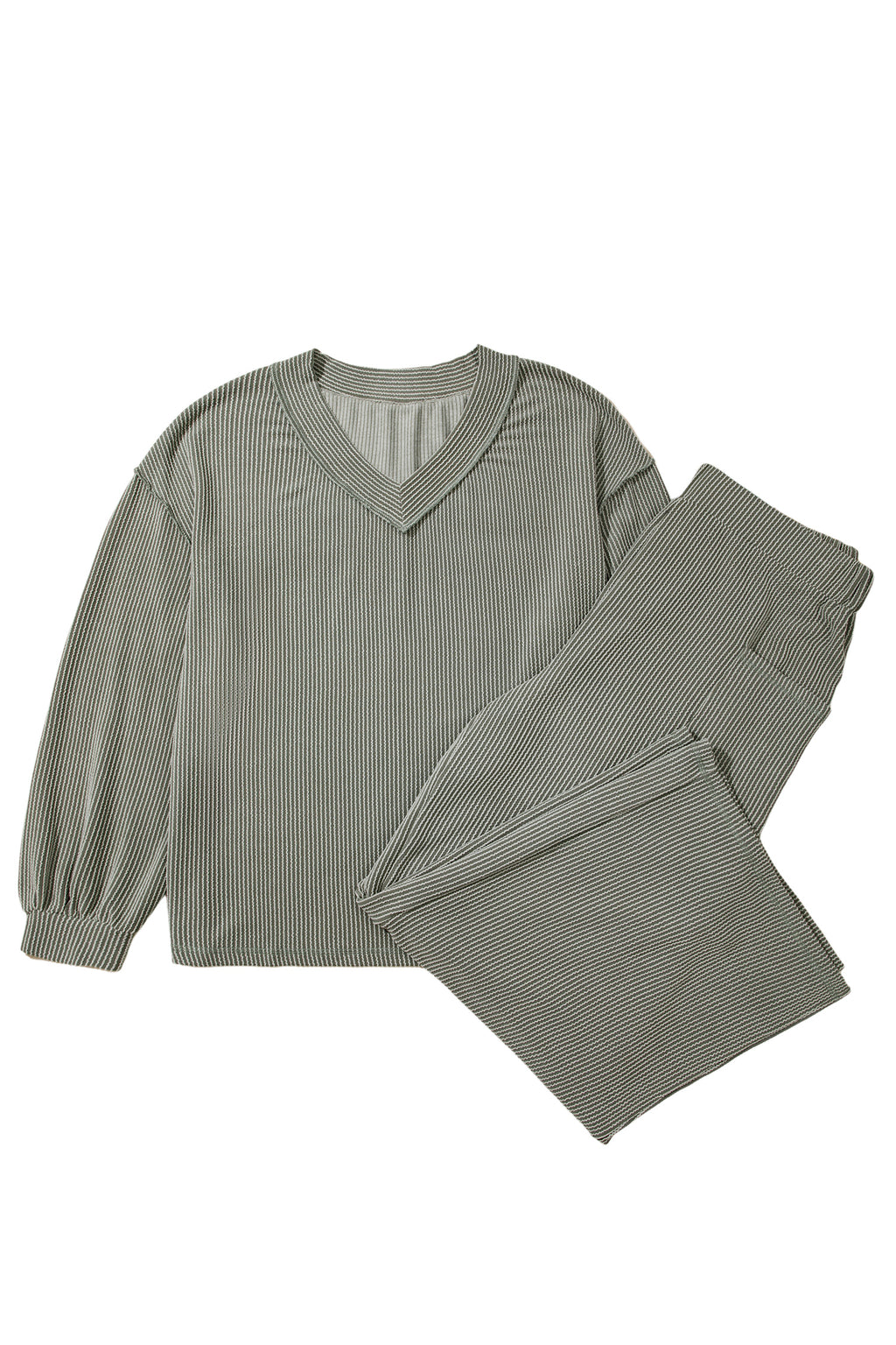Four Leaf Clover Twisted Ribbed Exposed Seam Detail V Neck Pullover Plus Size Pant Set