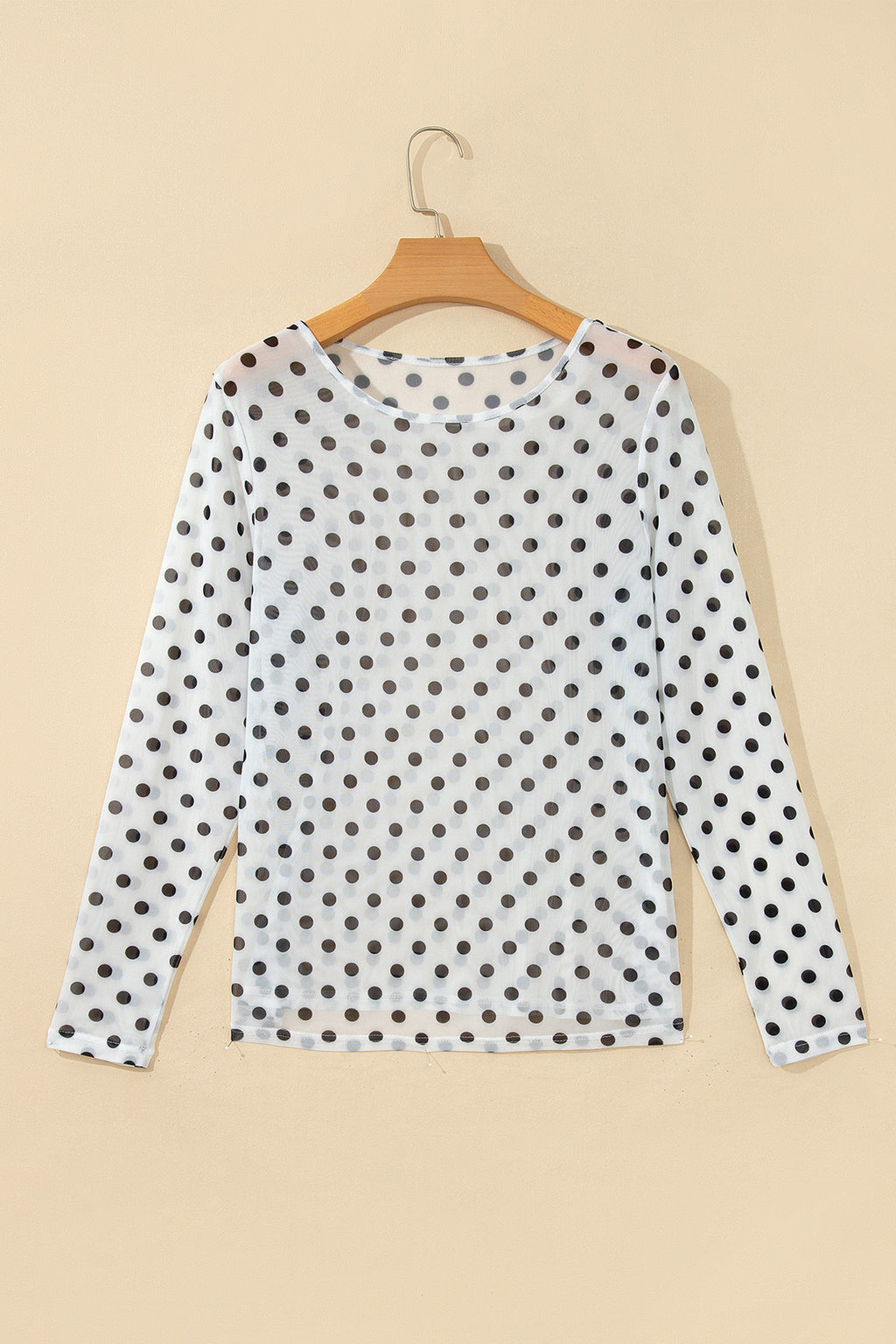 Black Polka Dot Sheer Mesh Long Sleeve Round Neck Shift Blouse