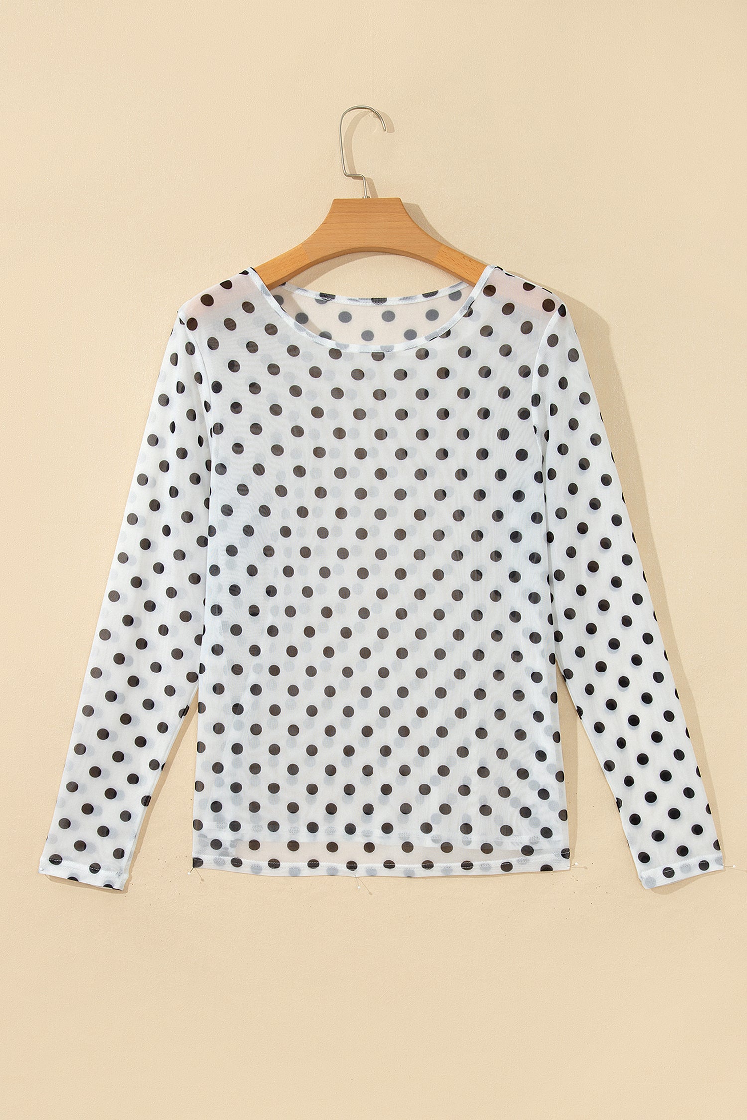 Black Polka Dot Sheer Mesh Long Sleeve Round Neck Shift Blouse