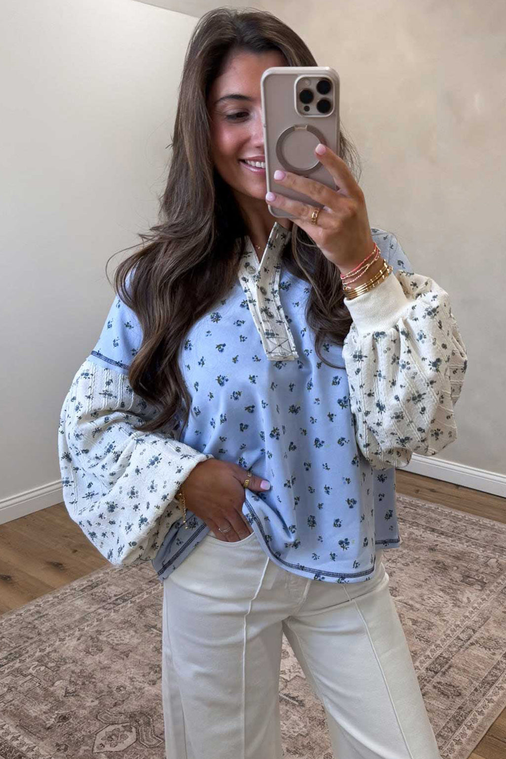 Sky Blue Floral Print Contrast Long Sleeve Tops