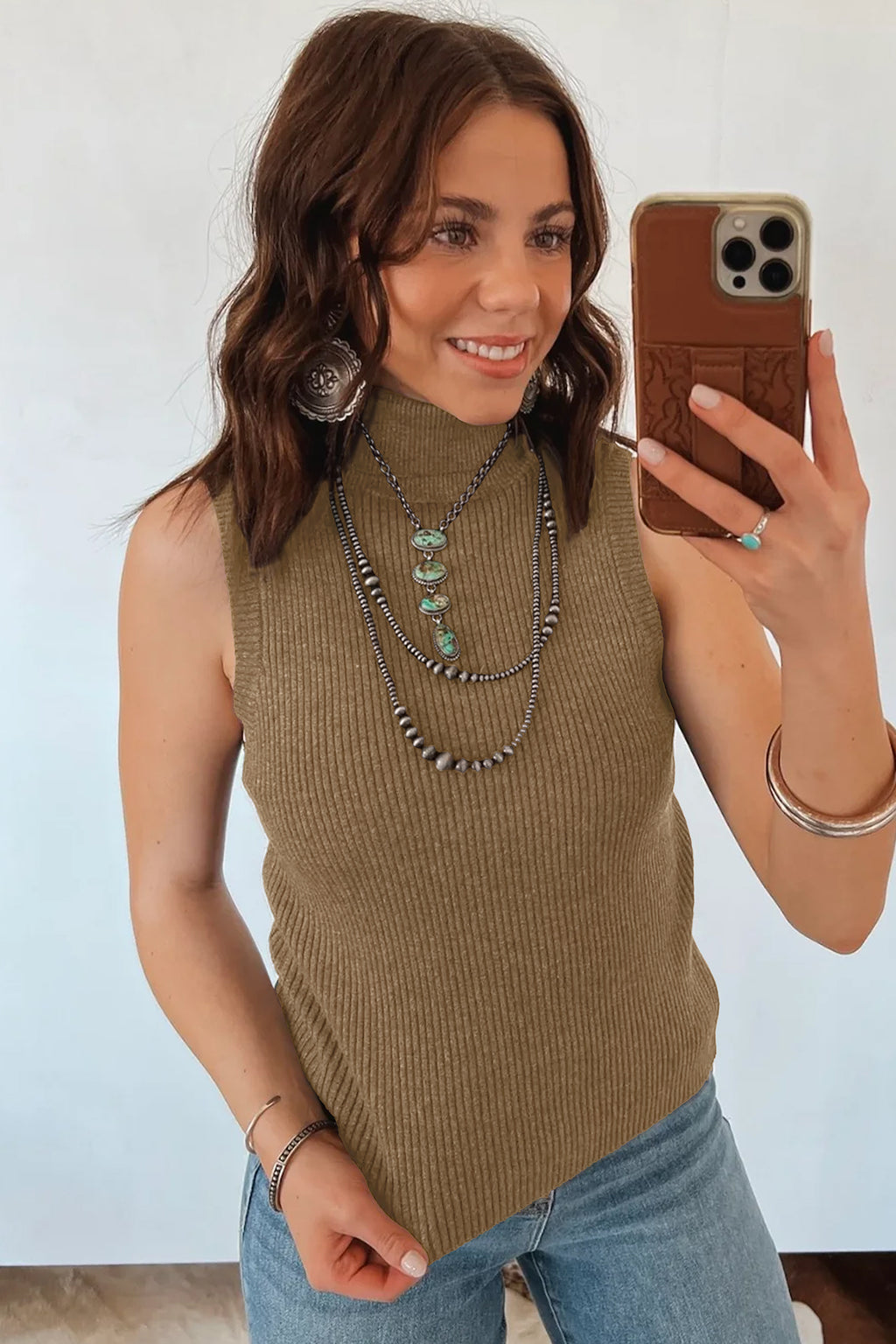 Light French Beige Western Ribbed Knit High Neck Sleeveless Waist Slim Fit Sweater Vest