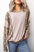 Khaki Floral Print Round Neck Long Sleeve Shift Top