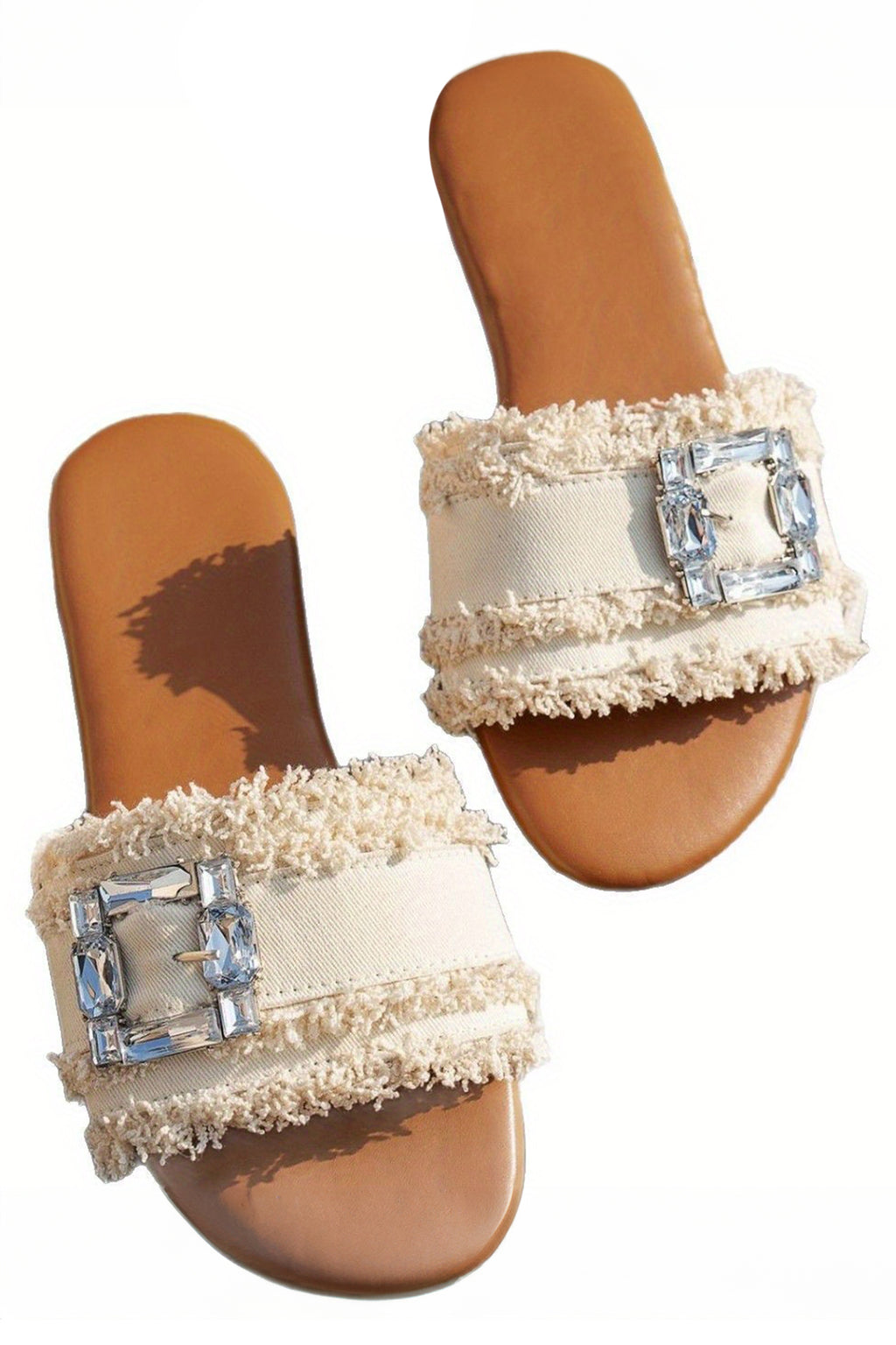 White Frayed Wide Band Rhinestone Buckle Detail Slippers