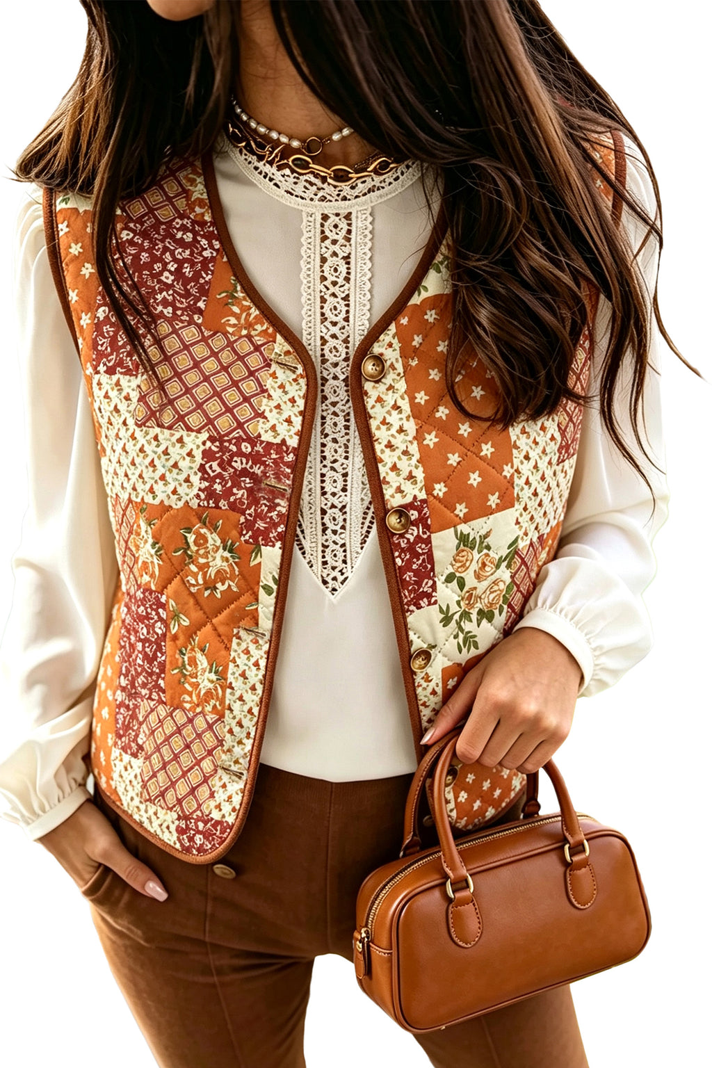 Golden Fleece Quilted Floral Patchwork Contrast Trim V Neck Button Vest