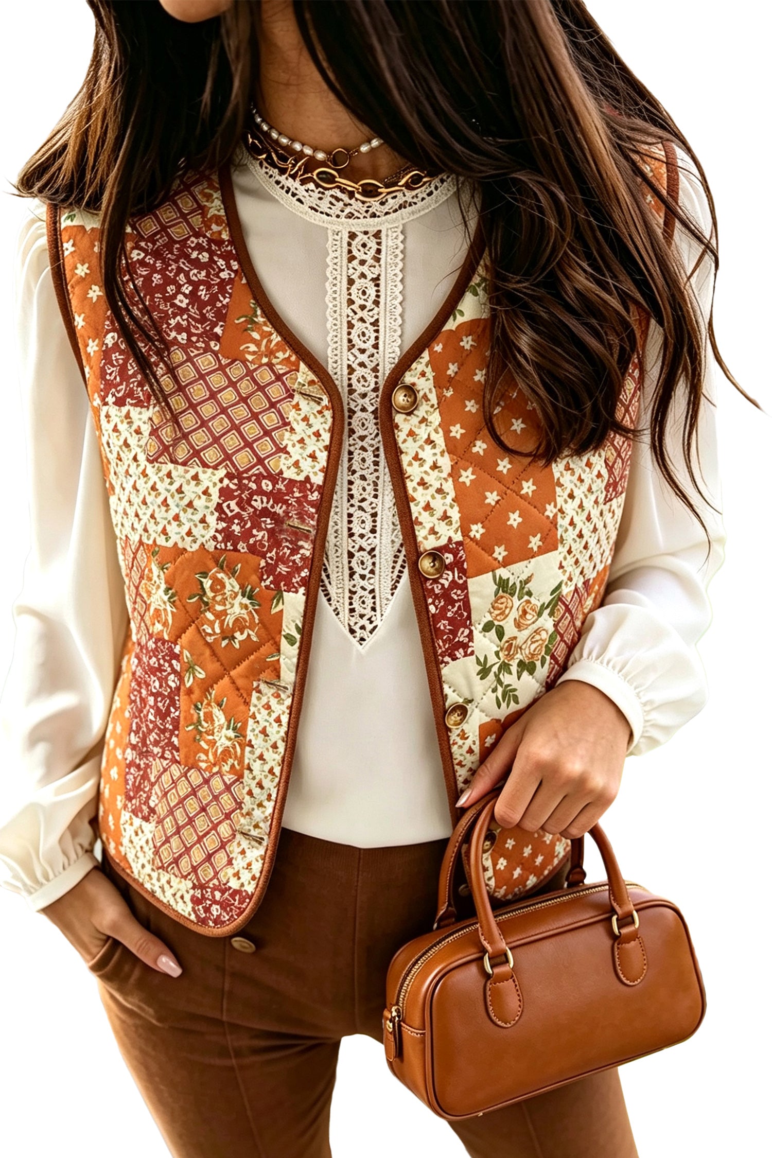 Golden Fleece Quilted Floral Patchwork Contrast Trim V Neck Button Vest