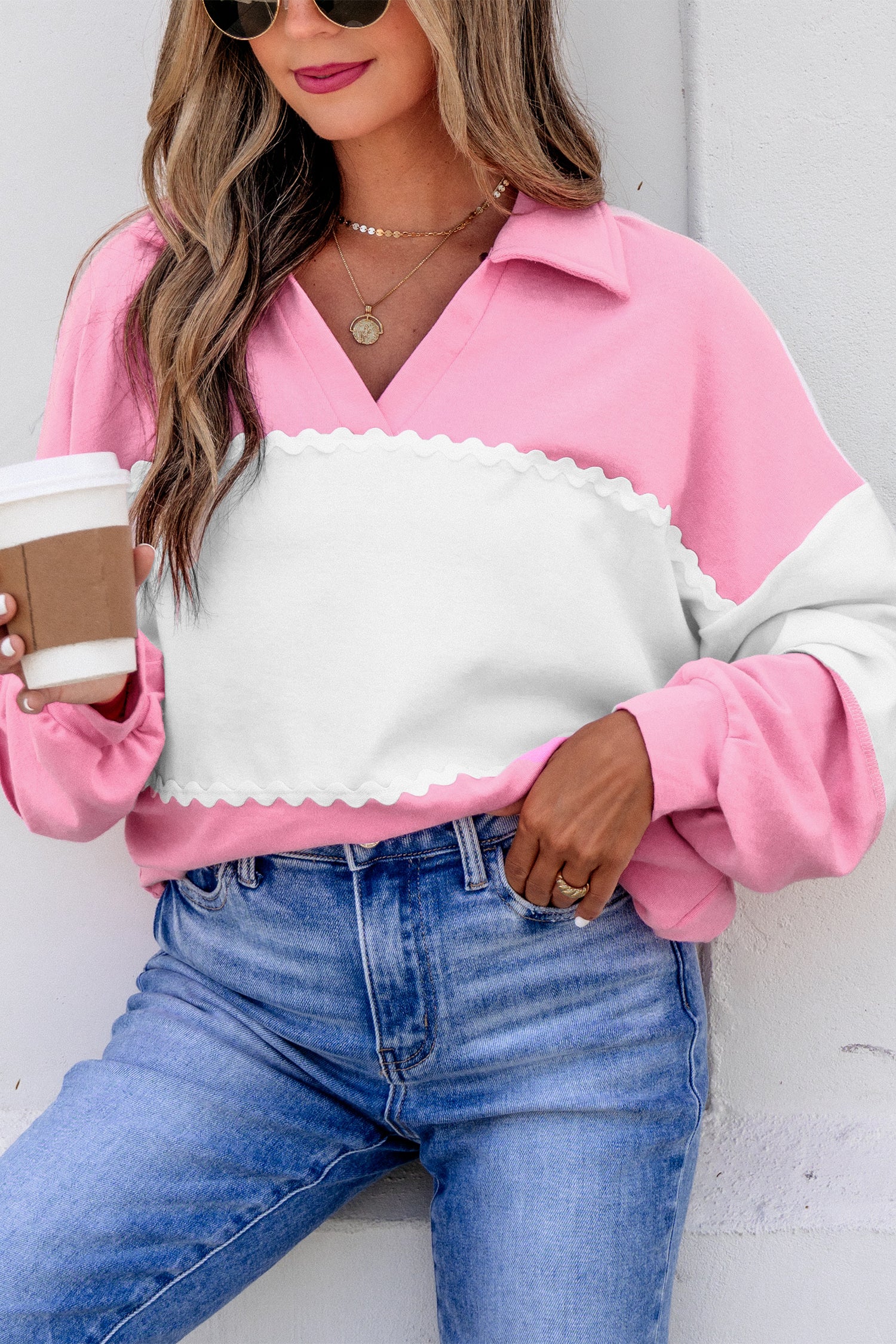 Rose Red Color Block Ricrac Trim Patchwork Collar V Neck Long Sleeve Top