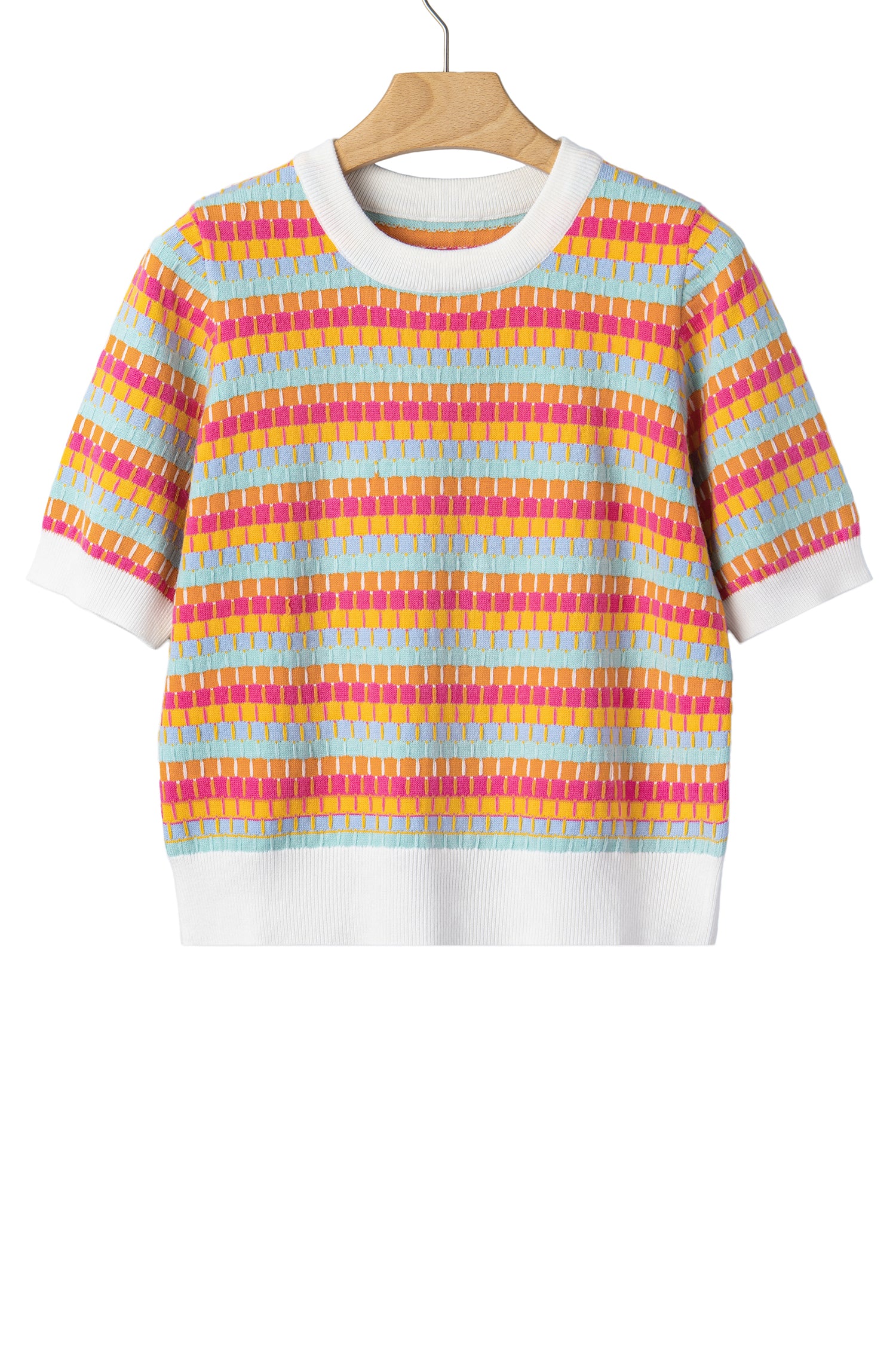 Orange Abstract Striped Knit Short Sleeve Sweater