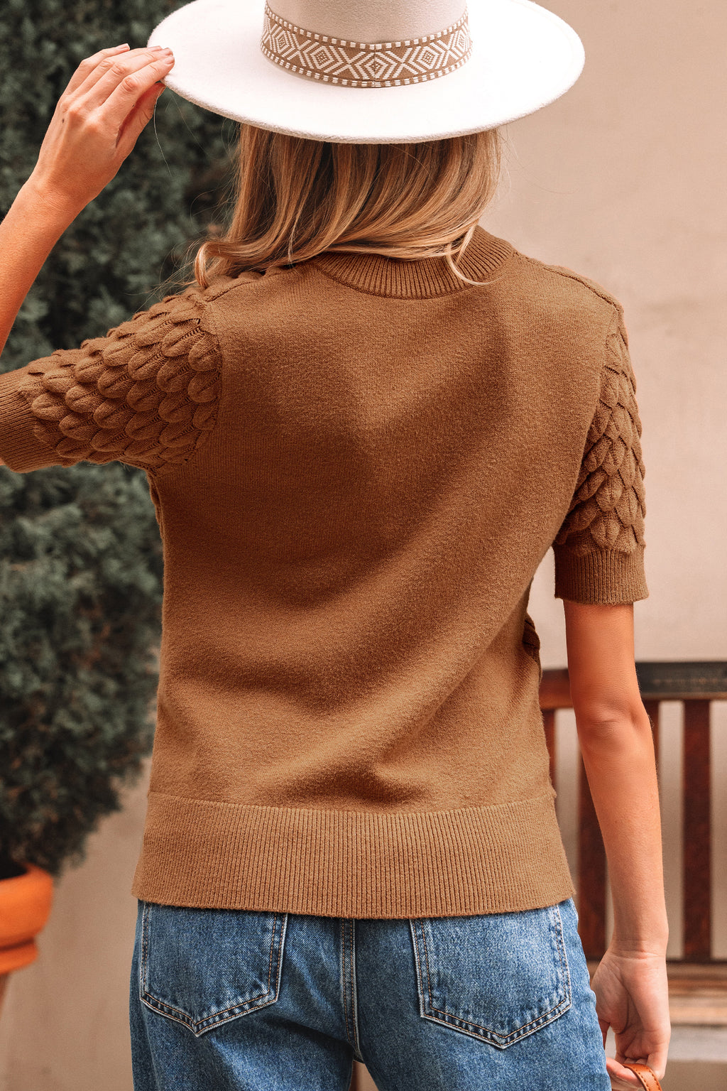Straw Yellow Fish Scale Textured Knit Ribbed Crew Neck Short Sleeve Sweater