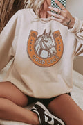 Beige GOOD LUCK Western Horse Print Oversized Pullover Sweatshirt