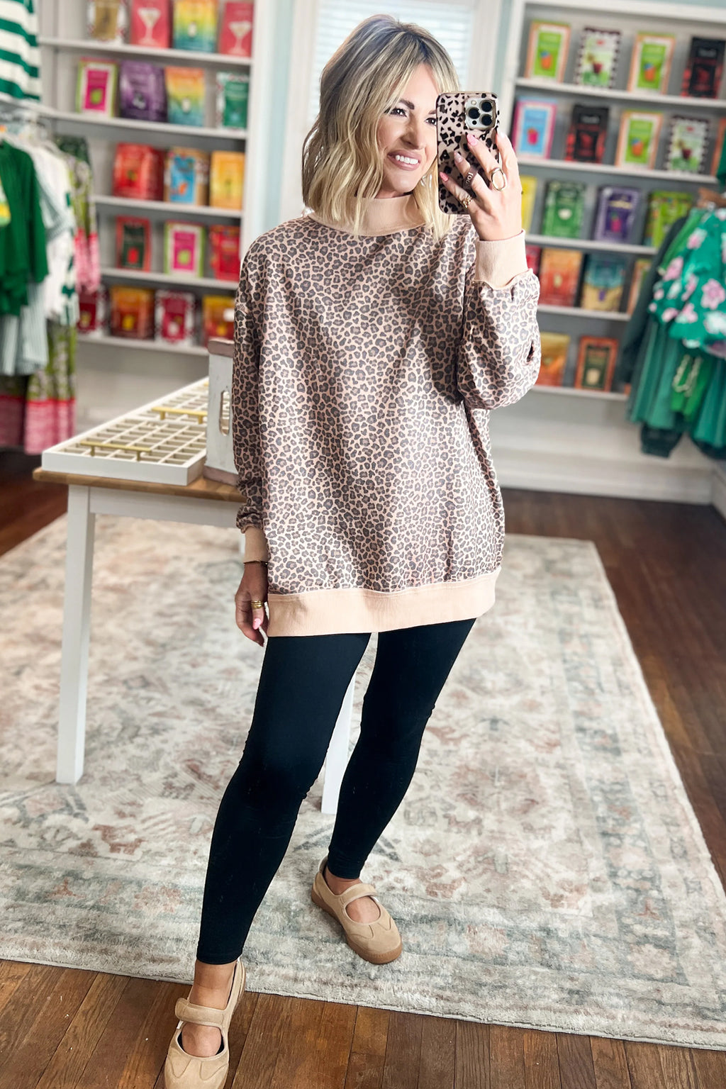 Multicolour Leopard Print High Neck Long Sleeve Ribbed Cuffs Hem Sweatshirt