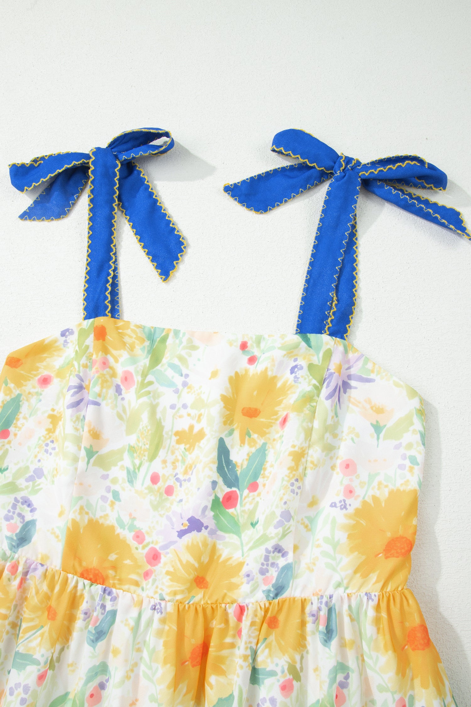 Yellow Floral Print Contrast Stitched Knot Denim Straps High Waist Dress