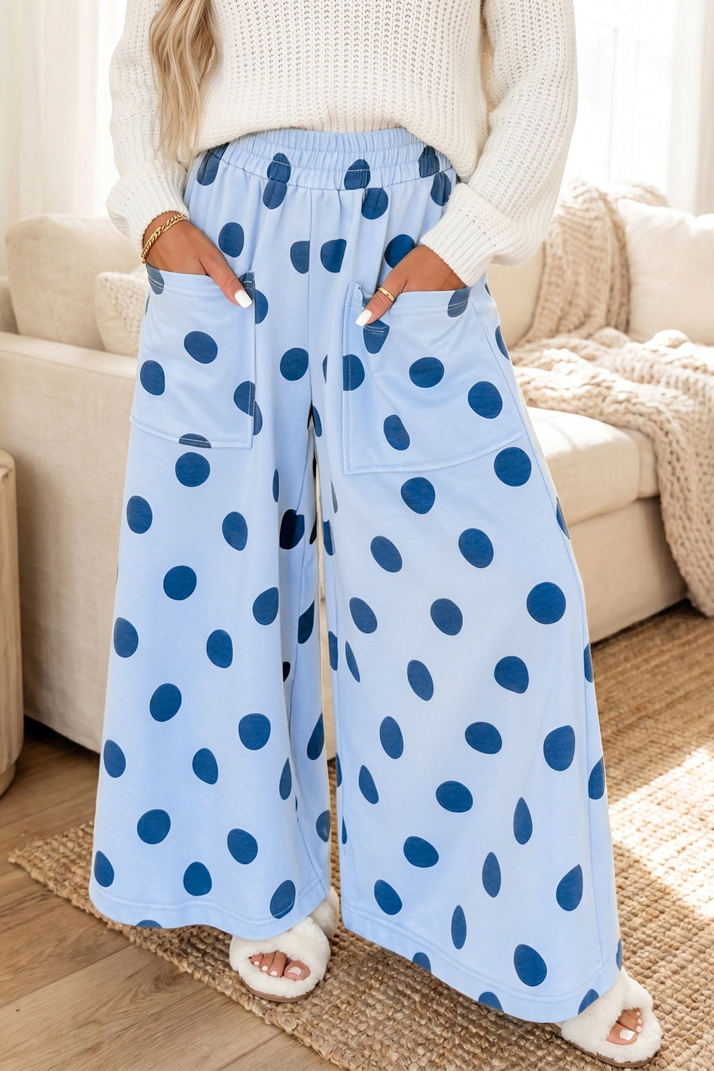 Sky Blue Polka Dot Wide Leg Elastic Waist Casual Pants