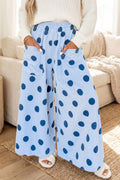 Sky Blue Polka Dot Wide Leg Elastic Waist Casual Pants