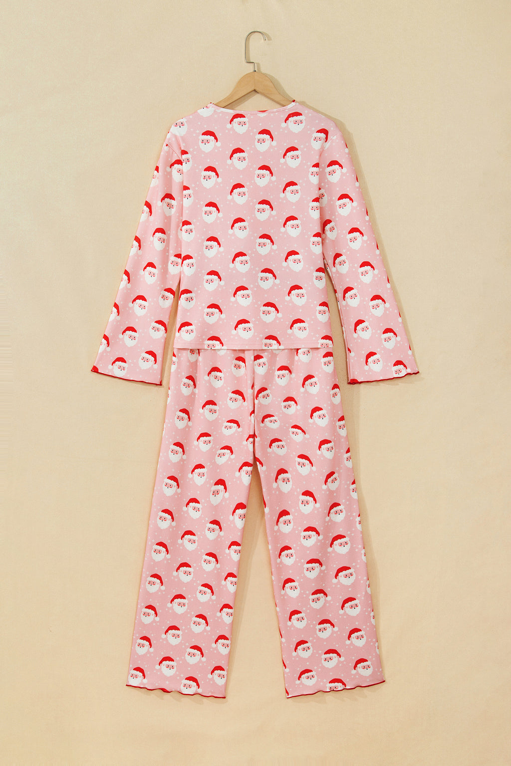 Pink Christmas Santa Print Frilled Button Front Long Sleeve Top Lounge Pant Set
