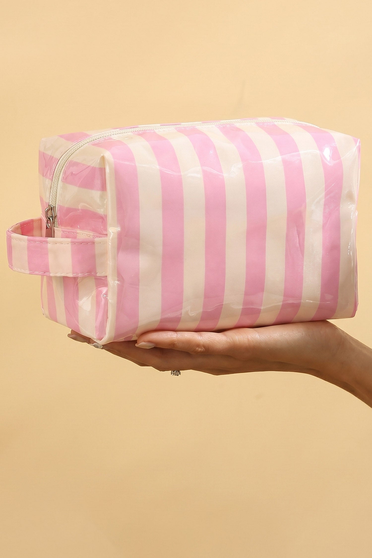 Fiery Red PVC Striped Cosmetic Bag Durable Zipper Handle Travel Organizer