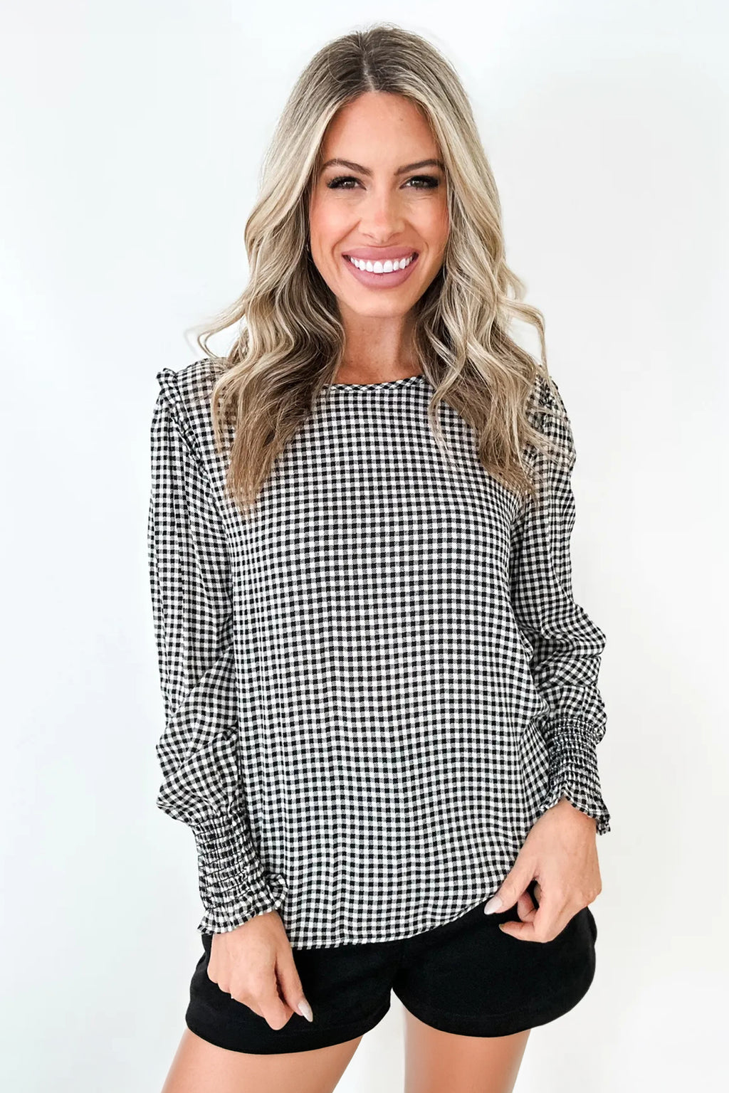 Black Plaid Shirred Cuff Long Sleeve Round Neck Blouse