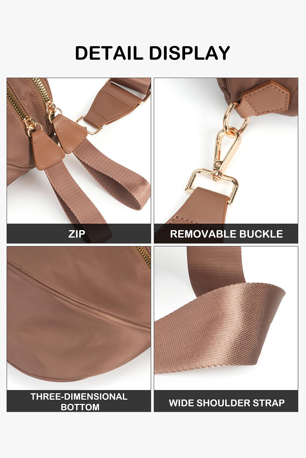 Camel Double Zip Crescent Shape Adjustable Sling Bag