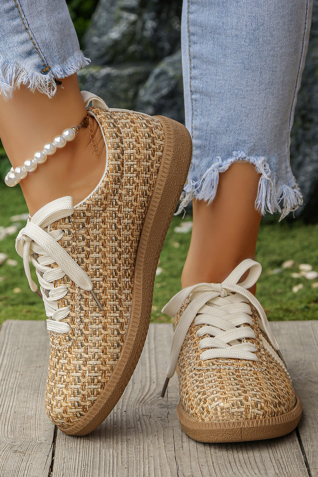 Gold Stylish Woven Lace Up Flat Shoes