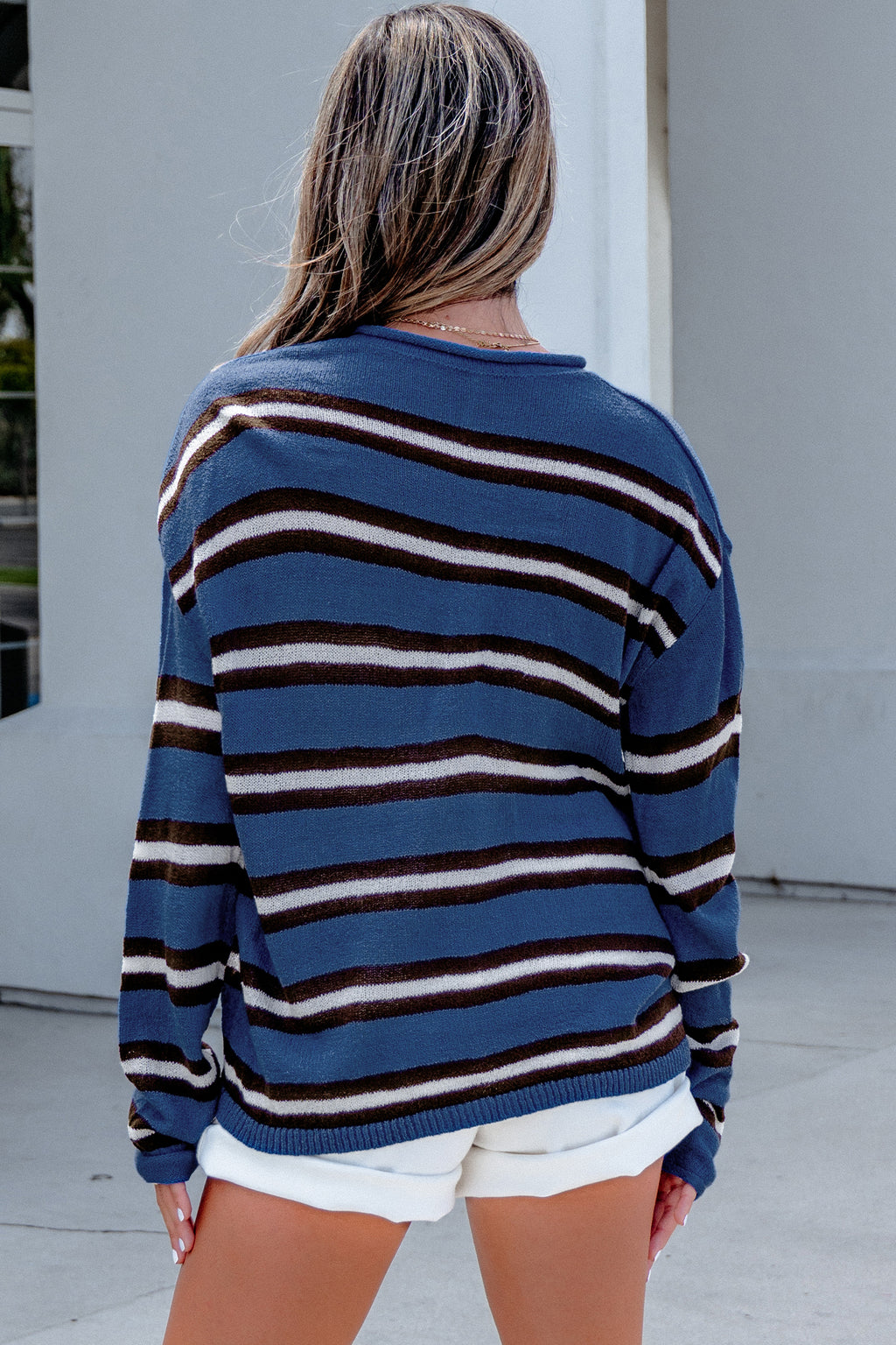 Blue Stripe Striped Drop Shoulder Button Cardigan