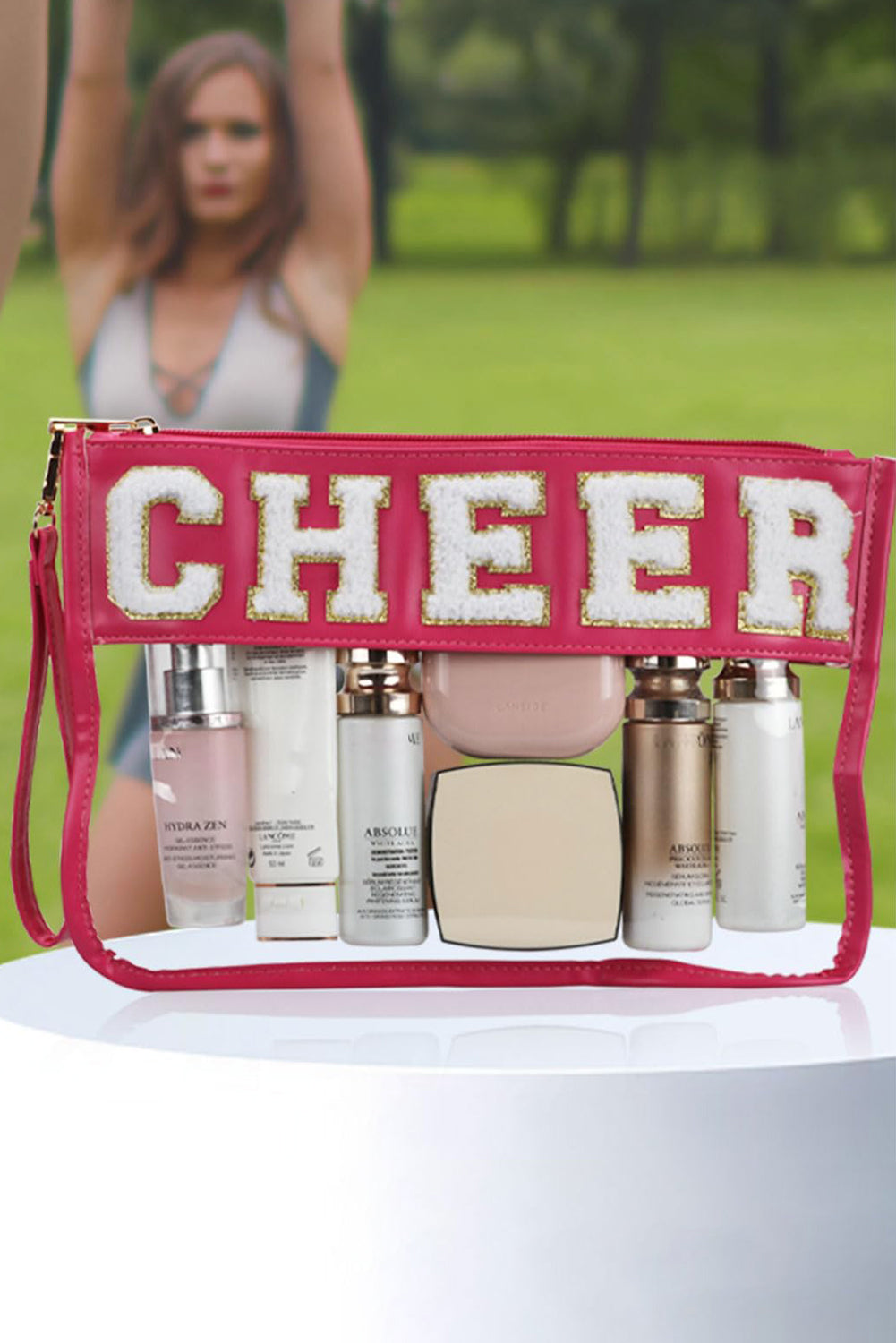 Black DANCE Chenille Letter PU Leather Patchwork Clear Makeup Bag
