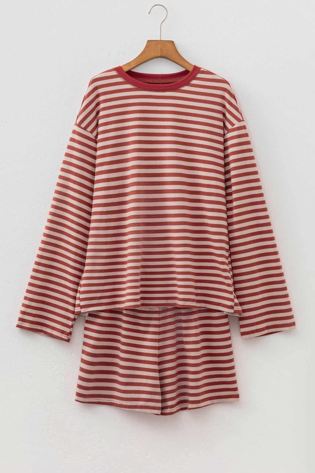 Brown Stripe Relaxed Long Sleeve Top Contrast Elastic Waistband Short Set