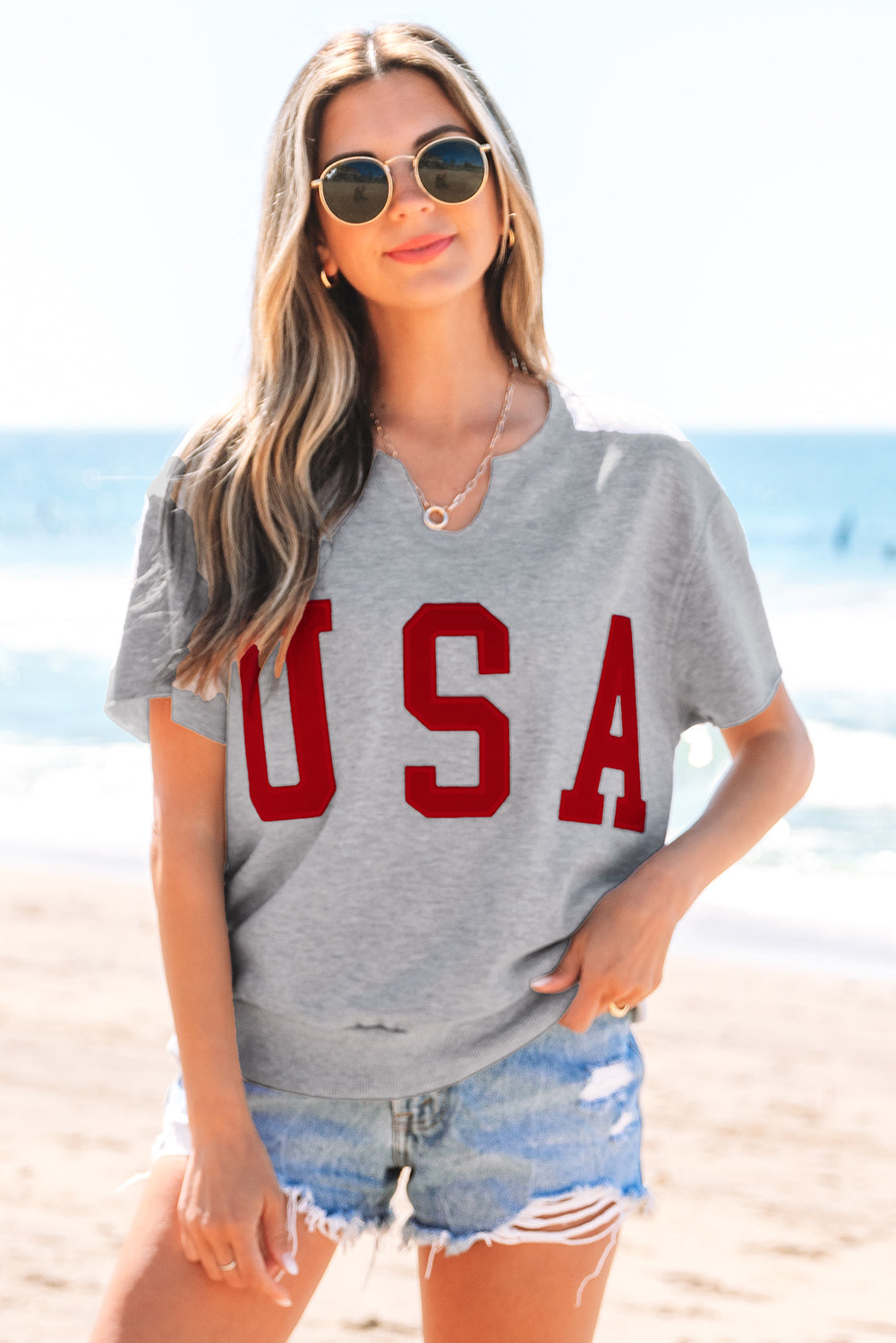 Light Grey USA Lettering Patch Notched Neck Loose Tee