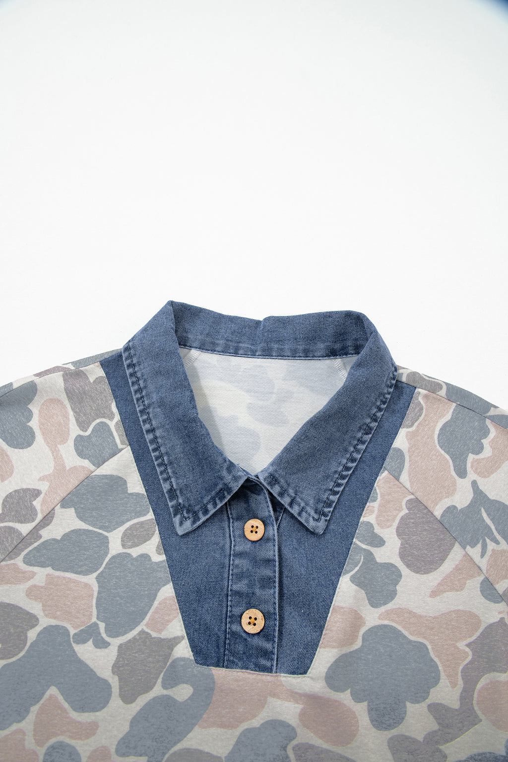 Multicolour Camouflage Print Denim Patchwork Polo Collar Tee